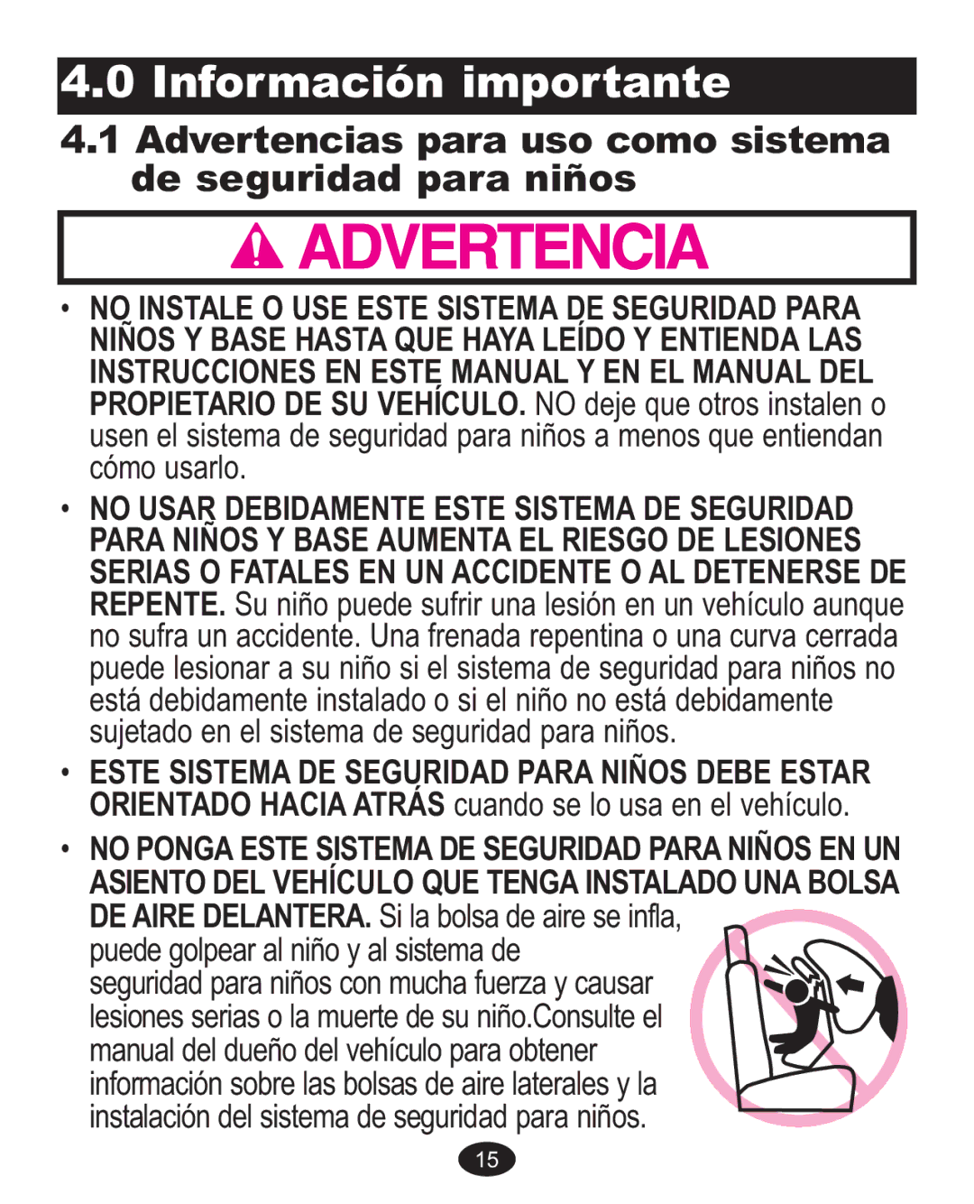 Graco 7G10MLB3 Advertencias para uso como sistema de seguridad para niños, No Instale O USE Este Sistema DE Seguridad Para 