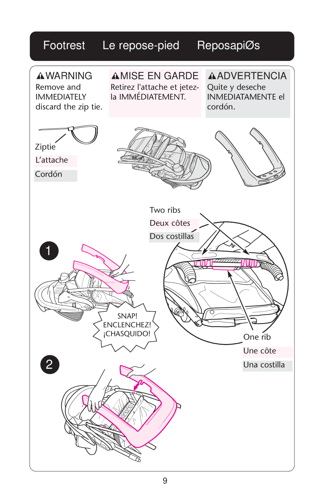 Graco 7G10MLB3, 7255JJB3, 7255CSA3 owner manual Footrest Le repose-pied Reposapiés, Mise EN Garde Advertencia 