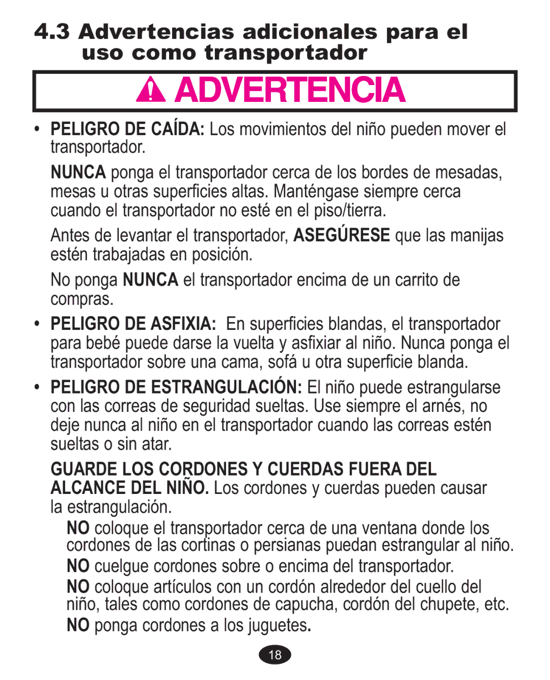 Graco 7G10MLB3, 7255JJB3, 7255CSA3 owner manual Advertencias adicionales para el uso como transportador 