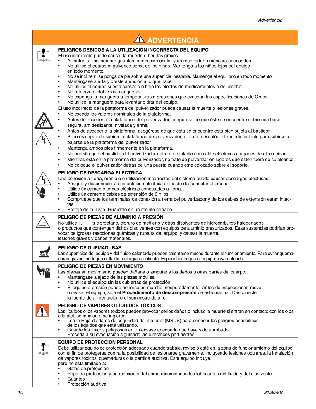 Graco 826084 Peligros Debidos a LA Utilización Incorrecta DEL Equipo, Peligro DE Descarga Eléctrica, Peligro DE Quemaduras 