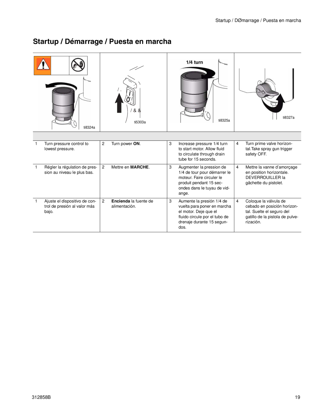 Graco 826098, 826084 important safety instructions Startup / Démarrage / Puesta en marcha, Turn 