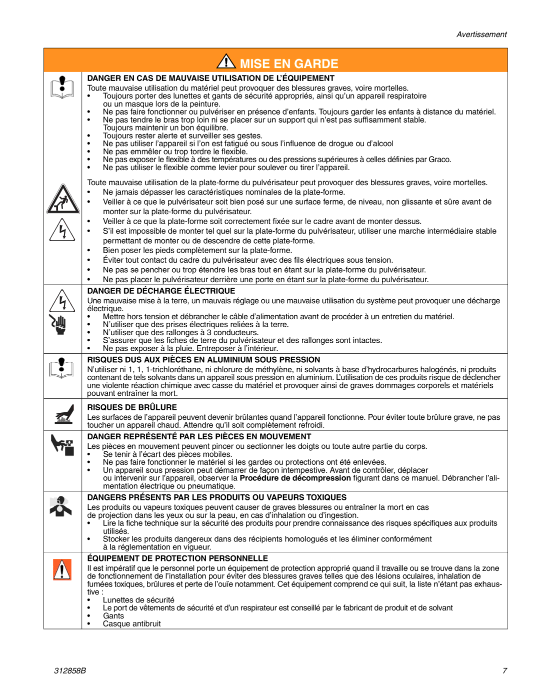 Graco 826098 Risques DUS AUX Pièces EN Aluminium Sous Pression, Risques DE Brûlure, Équipement DE Protection Personnelle 