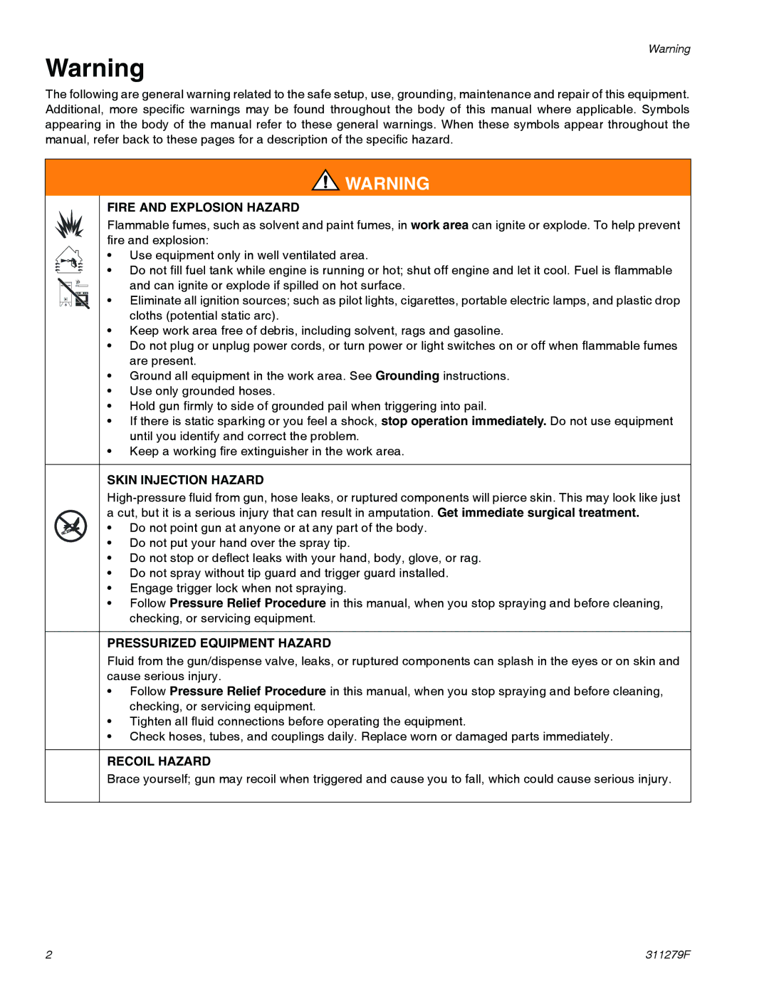 Graco 833 Fire and Explosion Hazard, Skin Injection Hazard, Pressurized Equipment Hazard, Recoil Hazard 