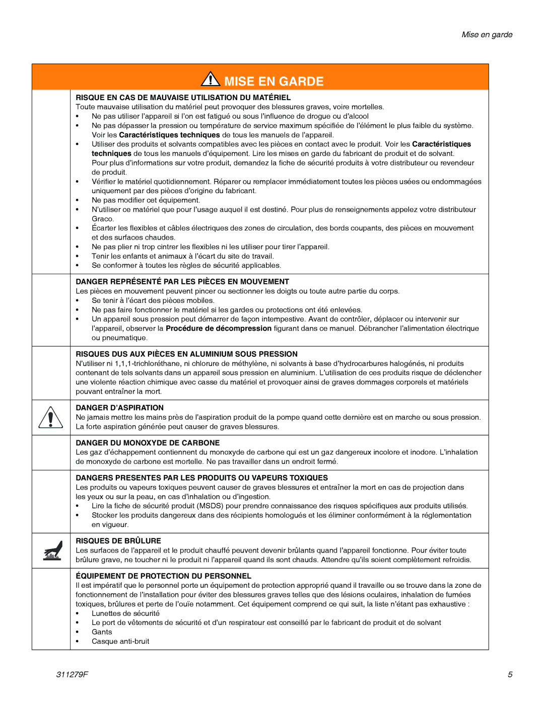 Graco 833 Risque EN CAS DE Mauvaise Utilisation DU Matériel, Risques DUS AUX Pièces EN Aluminium Sous Pression 