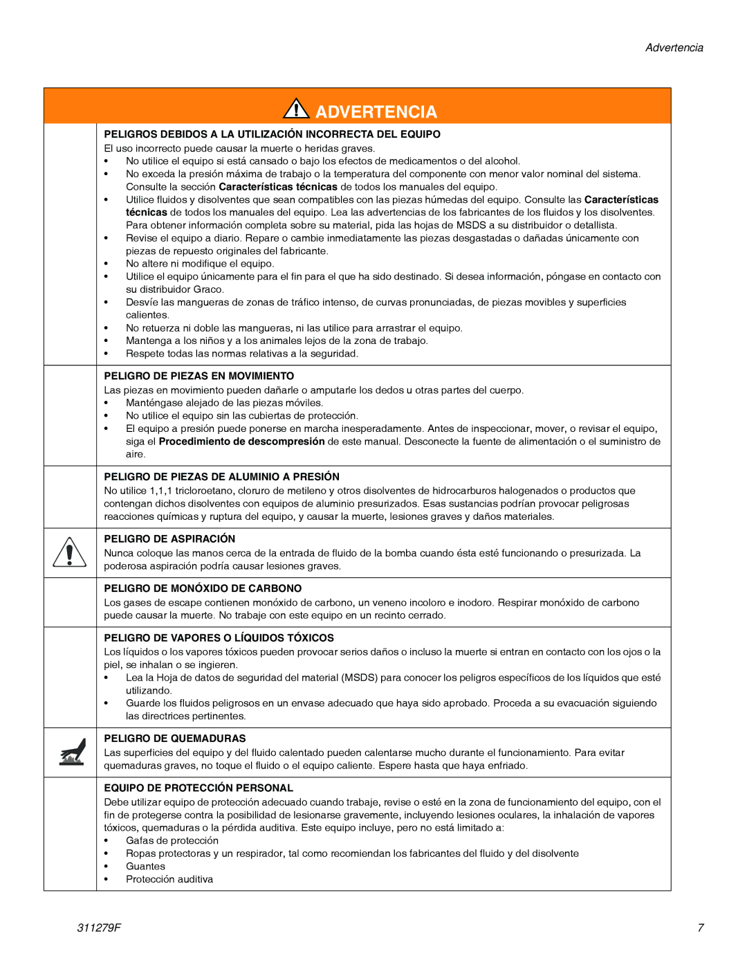 Graco 833 Peligros Debidos a LA Utilización Incorrecta DEL Equipo, Peligro DE Piezas EN Movimiento, Peligro DE Aspiración 