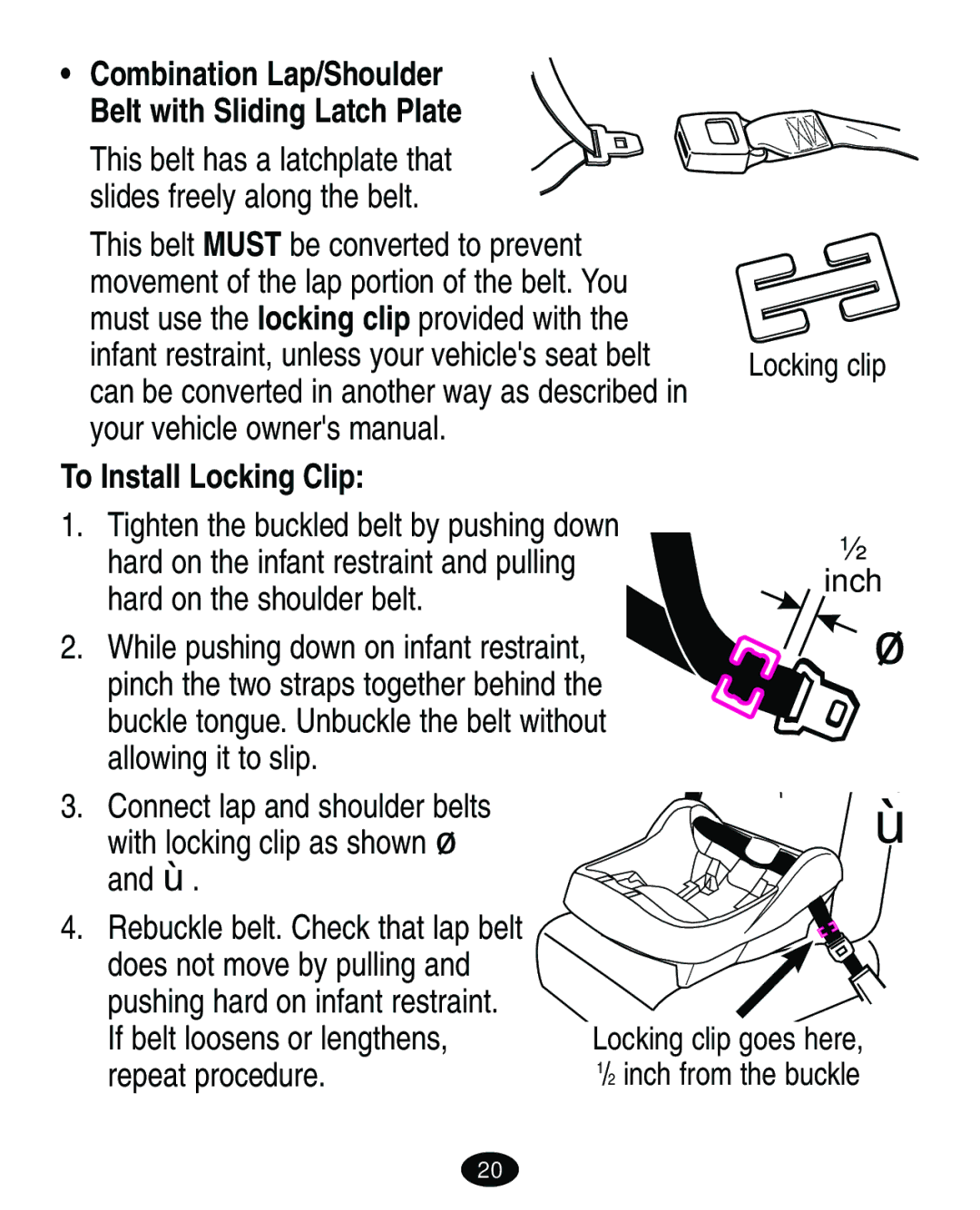 Graco 8444 manual To Install Locking Clip, Combination Lap/Shoulder Belt with Sliding Latch Plate 