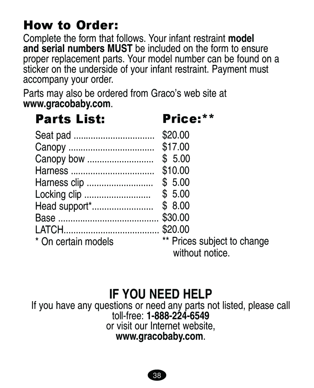 Graco 8444 manual How to Order, Parts List Price, Toll-free1-888-224-6549 