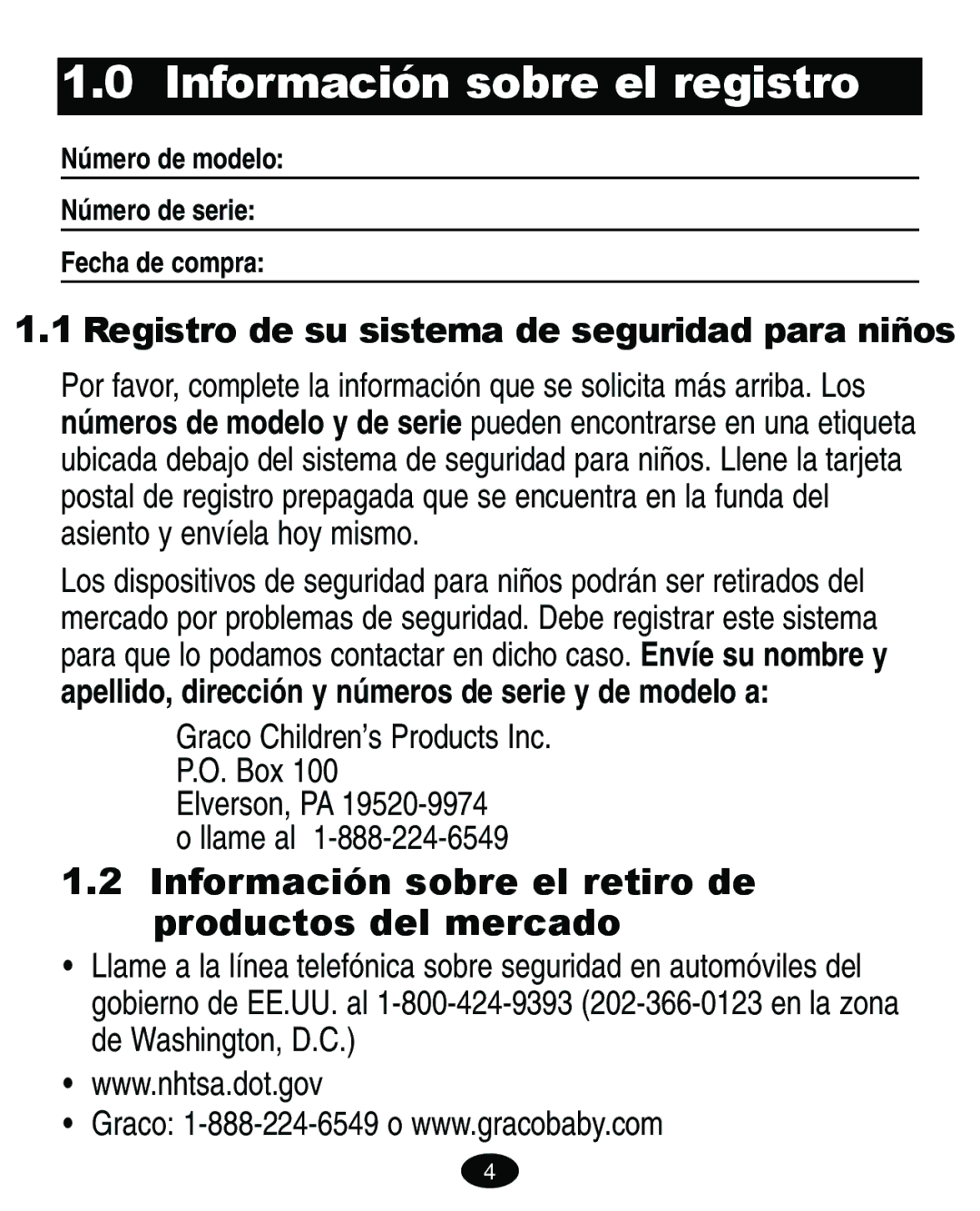 Graco 8444 manual Información sobre el registro, Registro de su sistema de seguridad para niños 