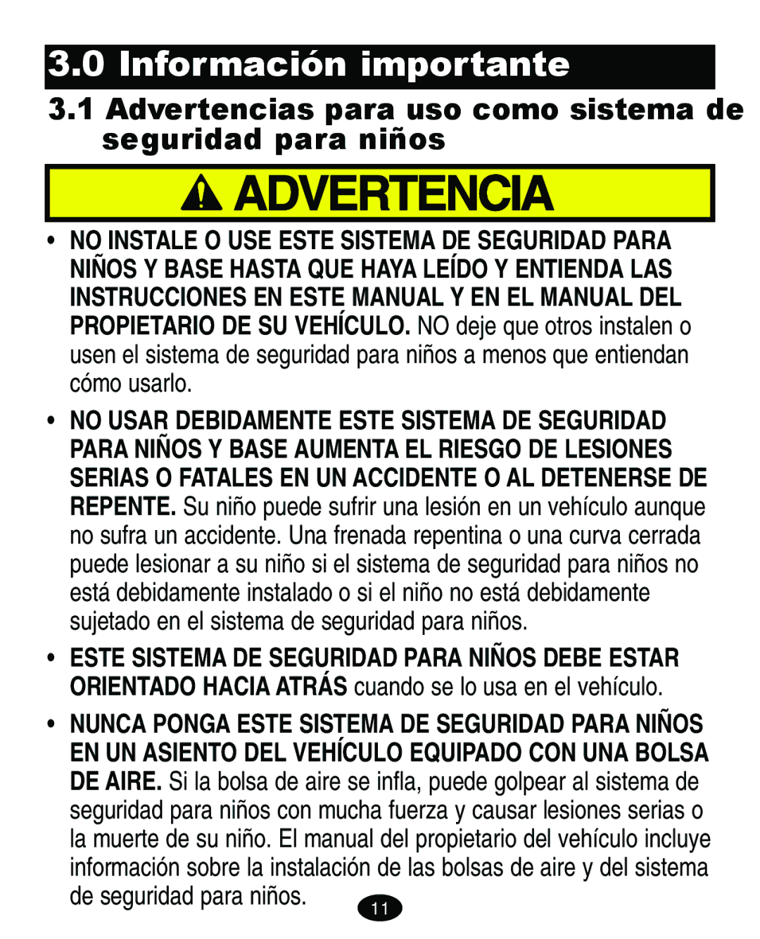 Graco 8444 Información importante, Advertencias para uso como sistema de seguridad para niños, De seguridad para niños 