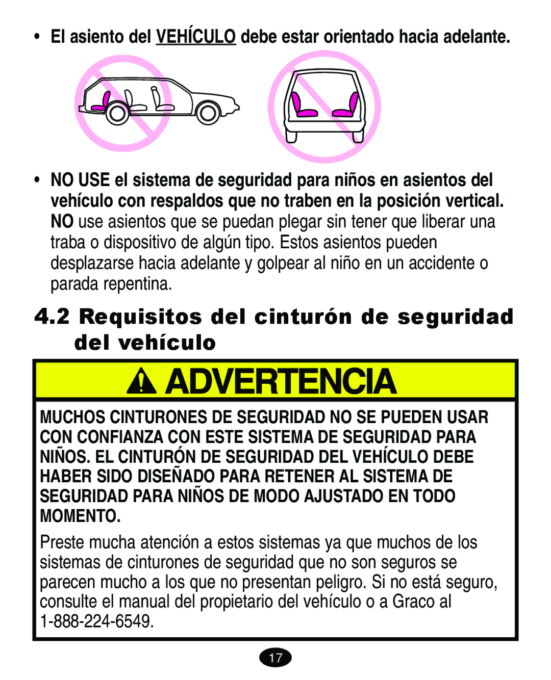 Graco 8444 manual Requisitos del cinturón de seguridad del vehículo 