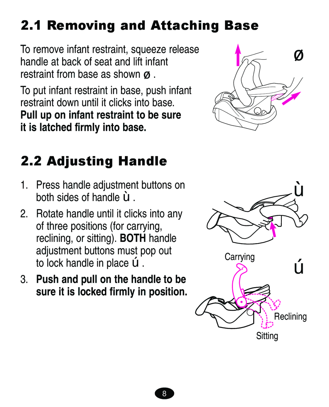 Graco 8444 manual Removing and Attaching Base, Adjusting Handle, To lock handle in place  