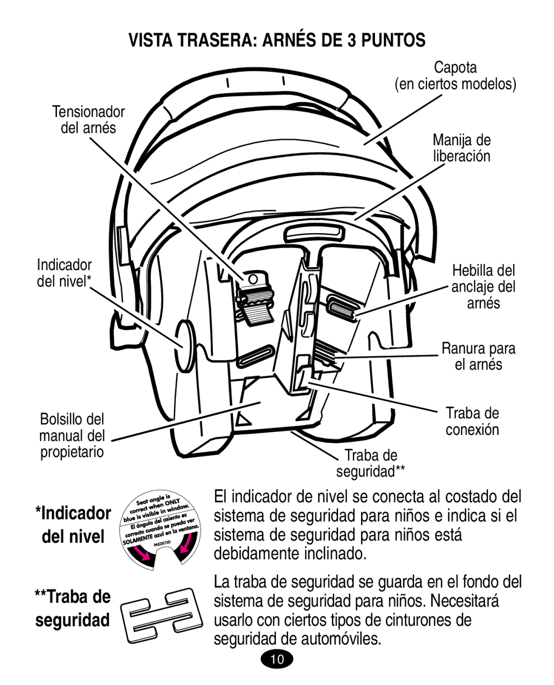 Graco 8446L manual Vista Trasera Arnés DE 3 Puntos, Indicador del nivel Traba de seguridad 