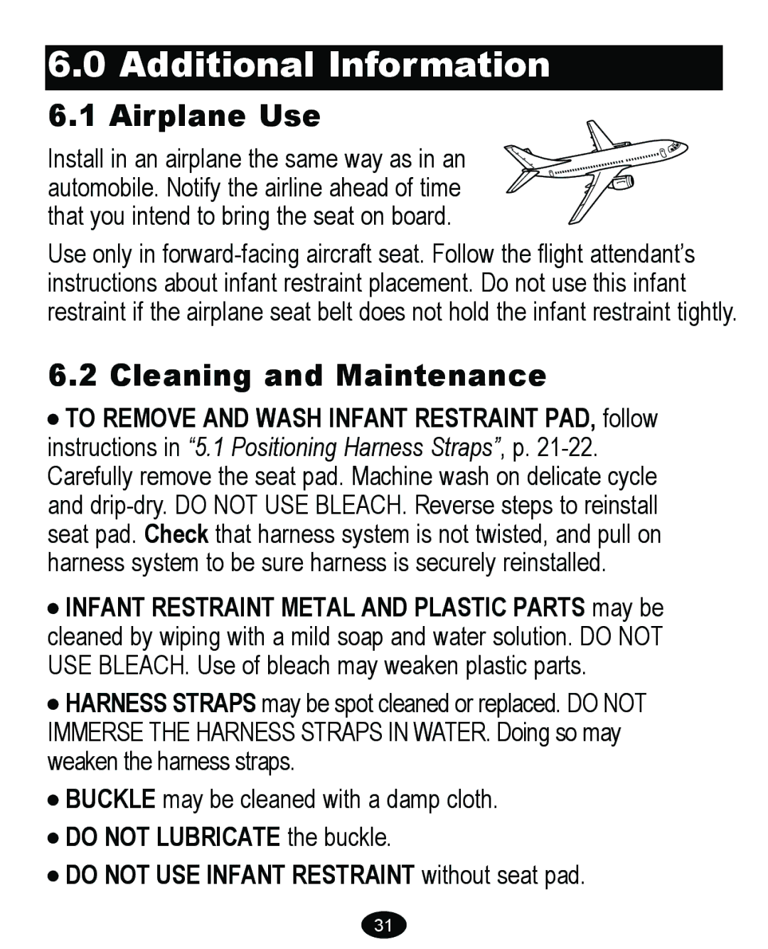 Graco 8474 owner manual Additional Information, Airplane Use, Cleaning and Maintenance 