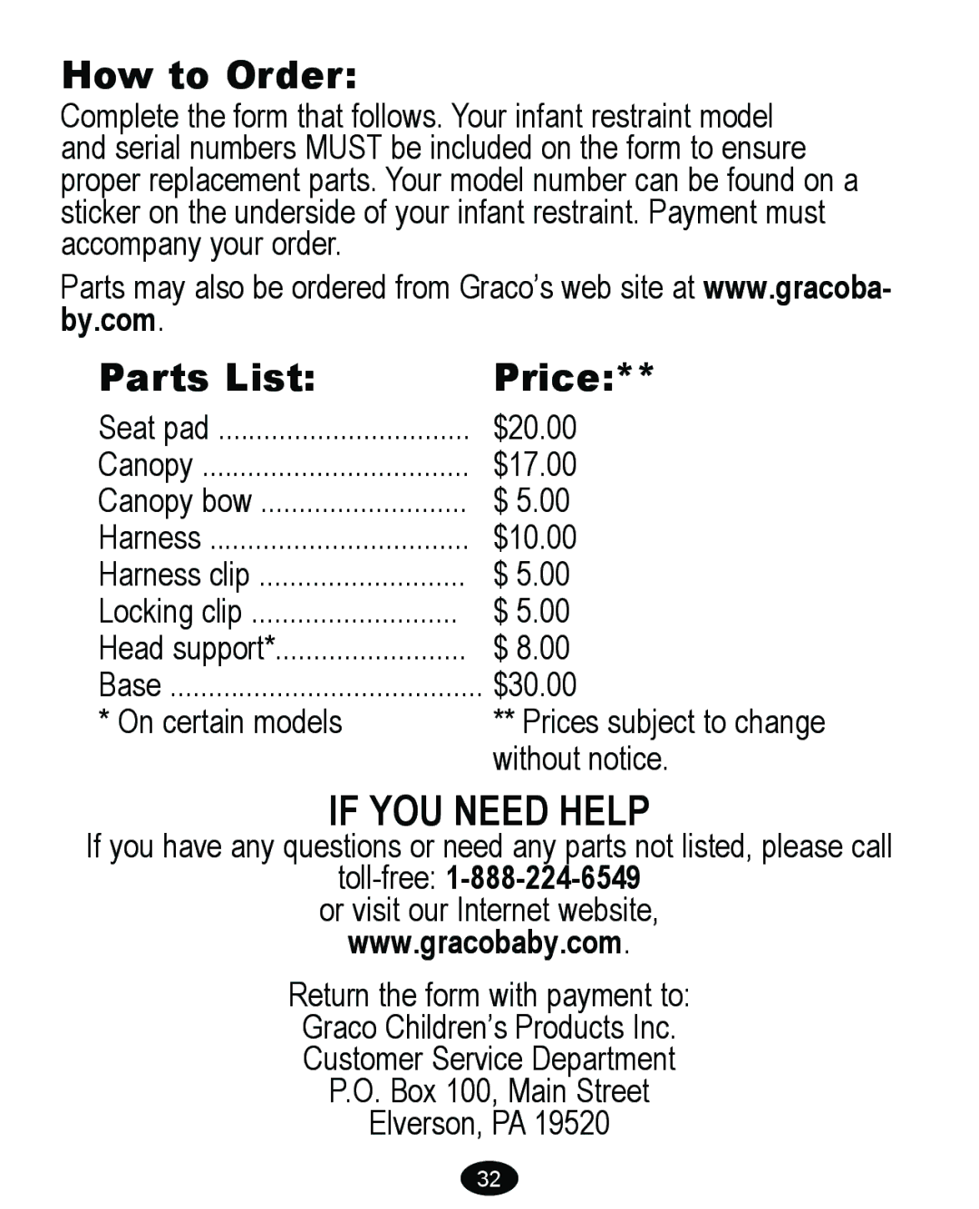 Graco 8474 owner manual How to Order, Parts List Price, Toll-free1-888-224-6549 