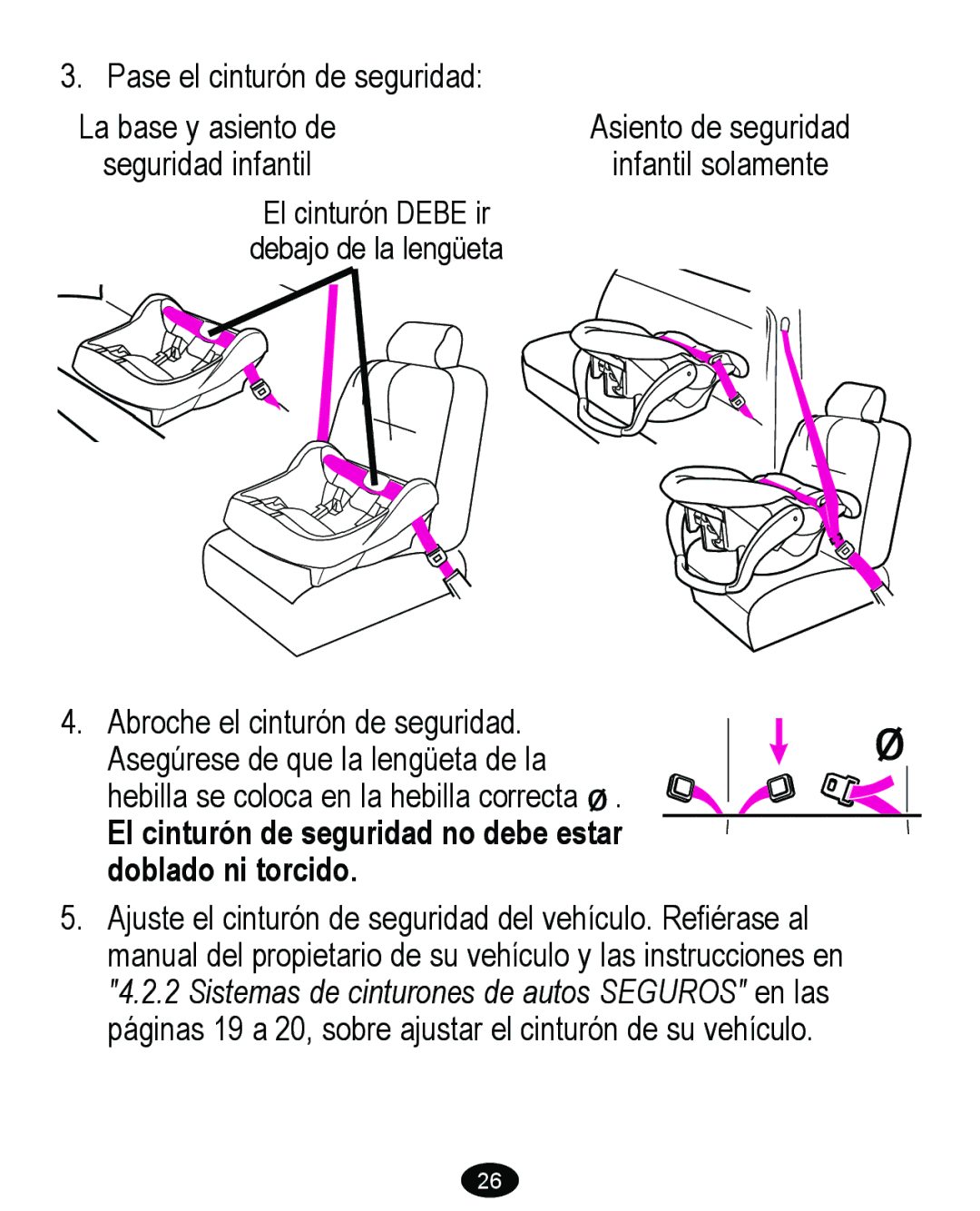 Graco 8474 owner manual El cinturón de seguridad no debe estar doblado ni torcido 