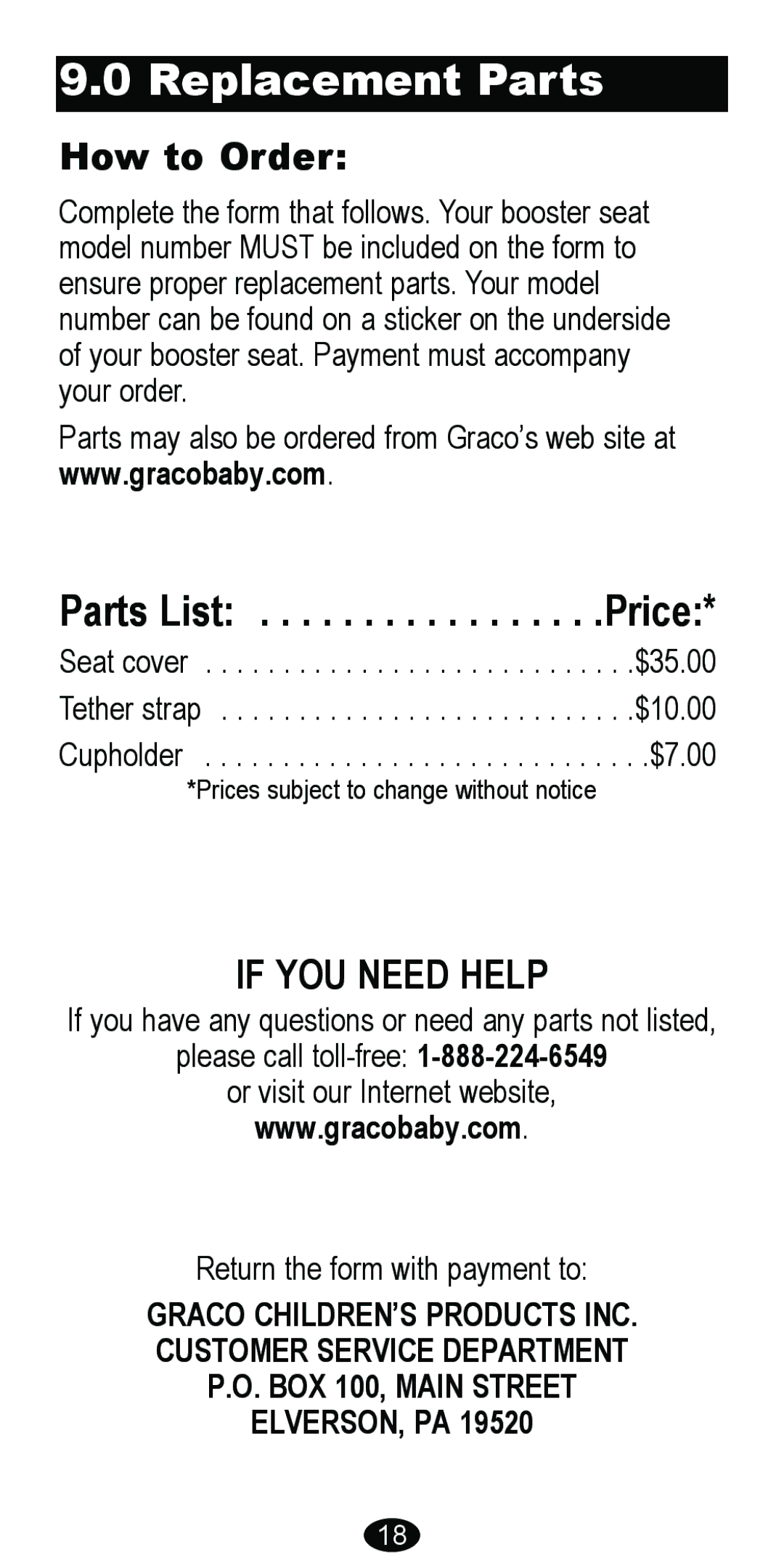 Graco 8481 owner manual Replacement Parts, How to Order 