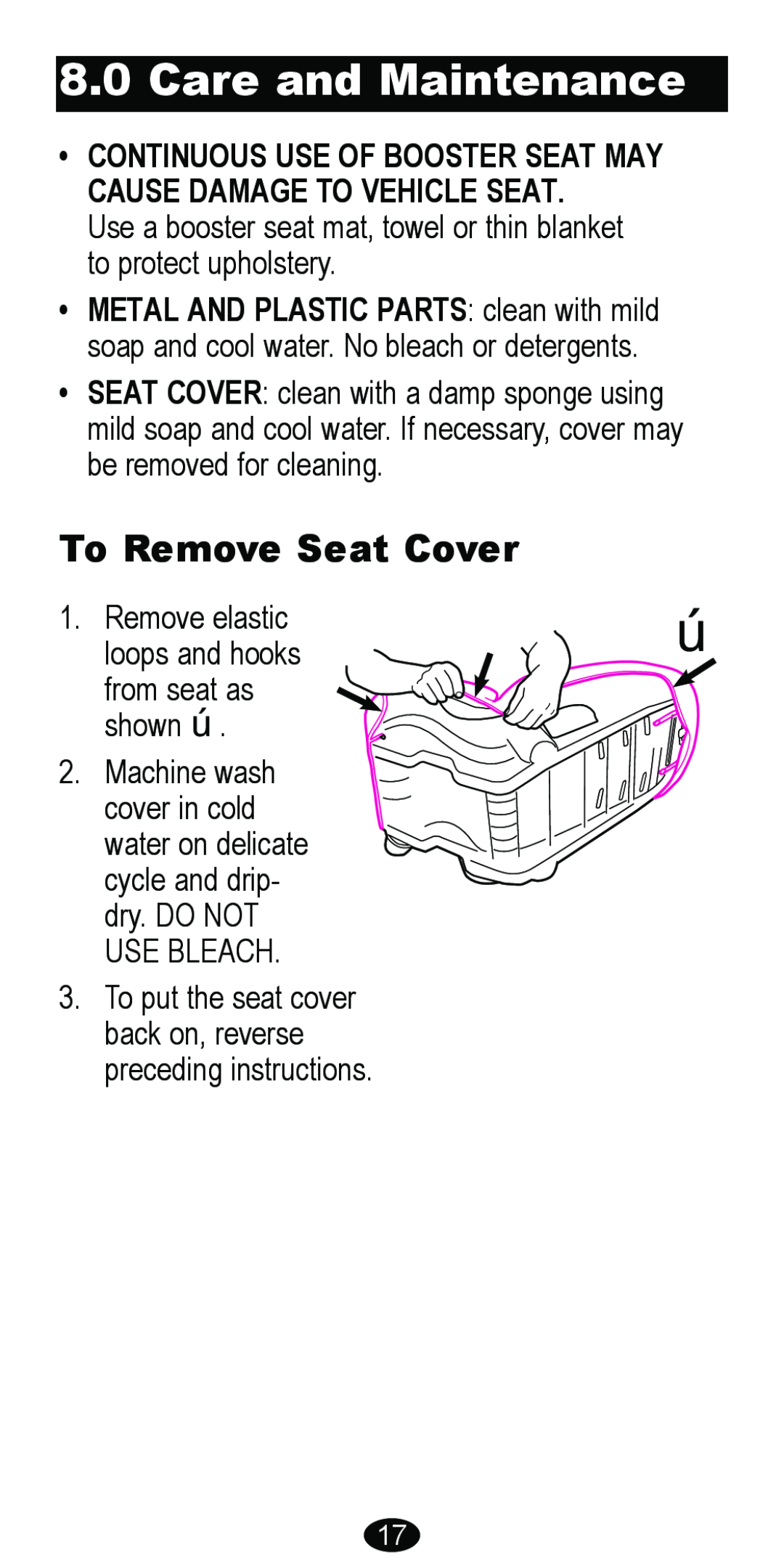 Graco 8481 owner manual Care and Maintenance, To Remove Seat Cover 