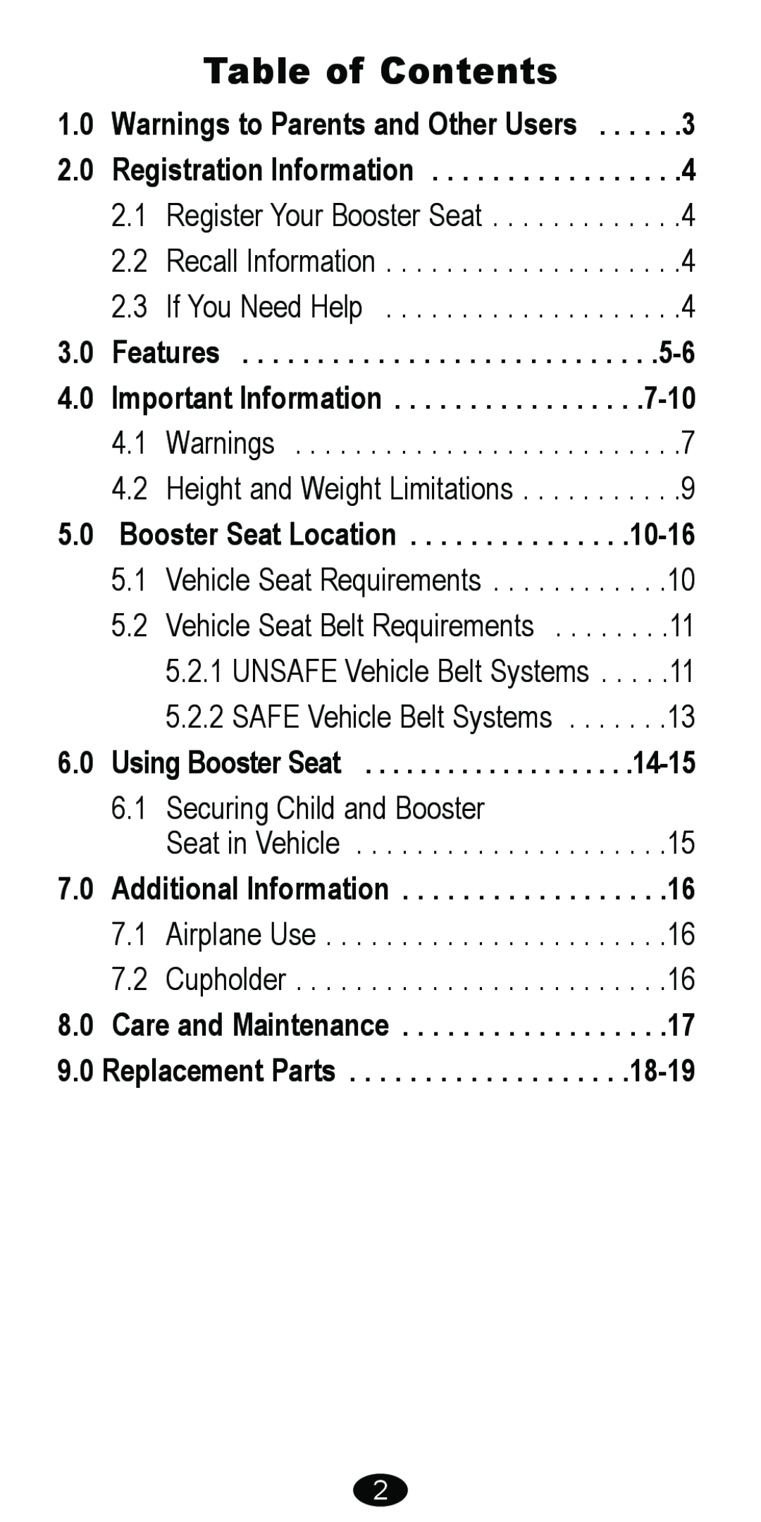 Graco 8481 owner manual Table of Contents 