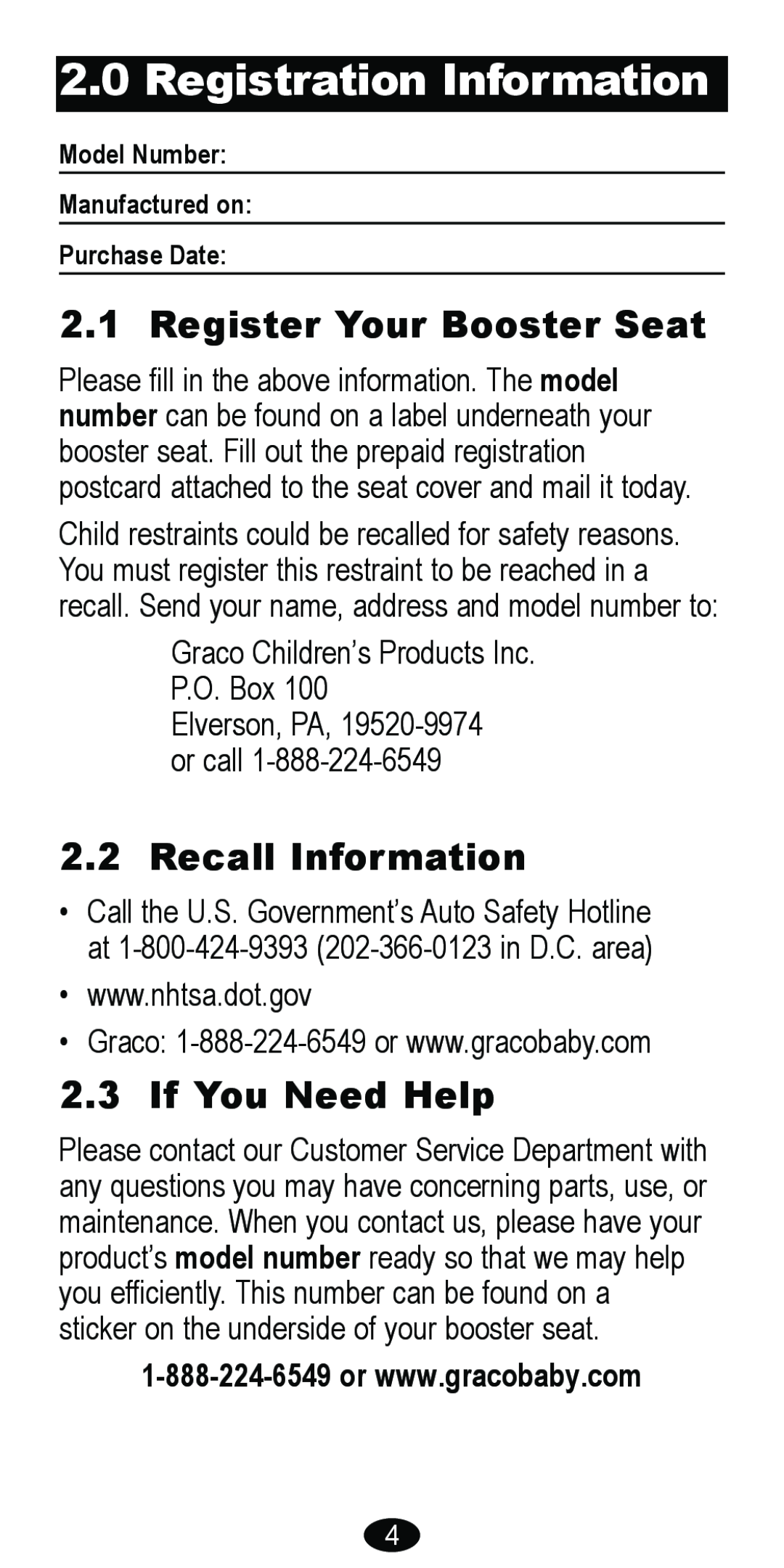 Graco 8481 owner manual Registration Information, Register Your Booster Seat, Recall Information, If You Need Help 