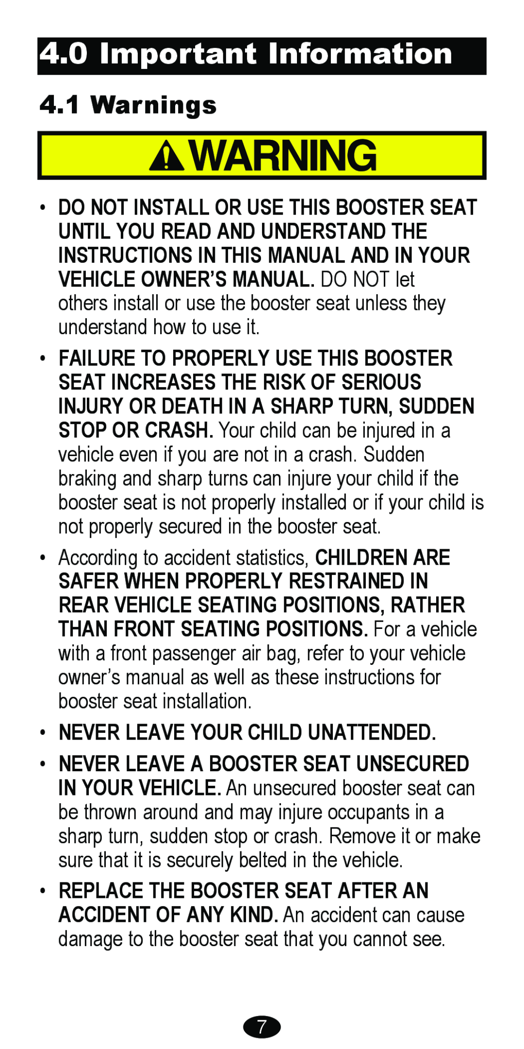 Graco 8481 owner manual Important Information, Warnings 