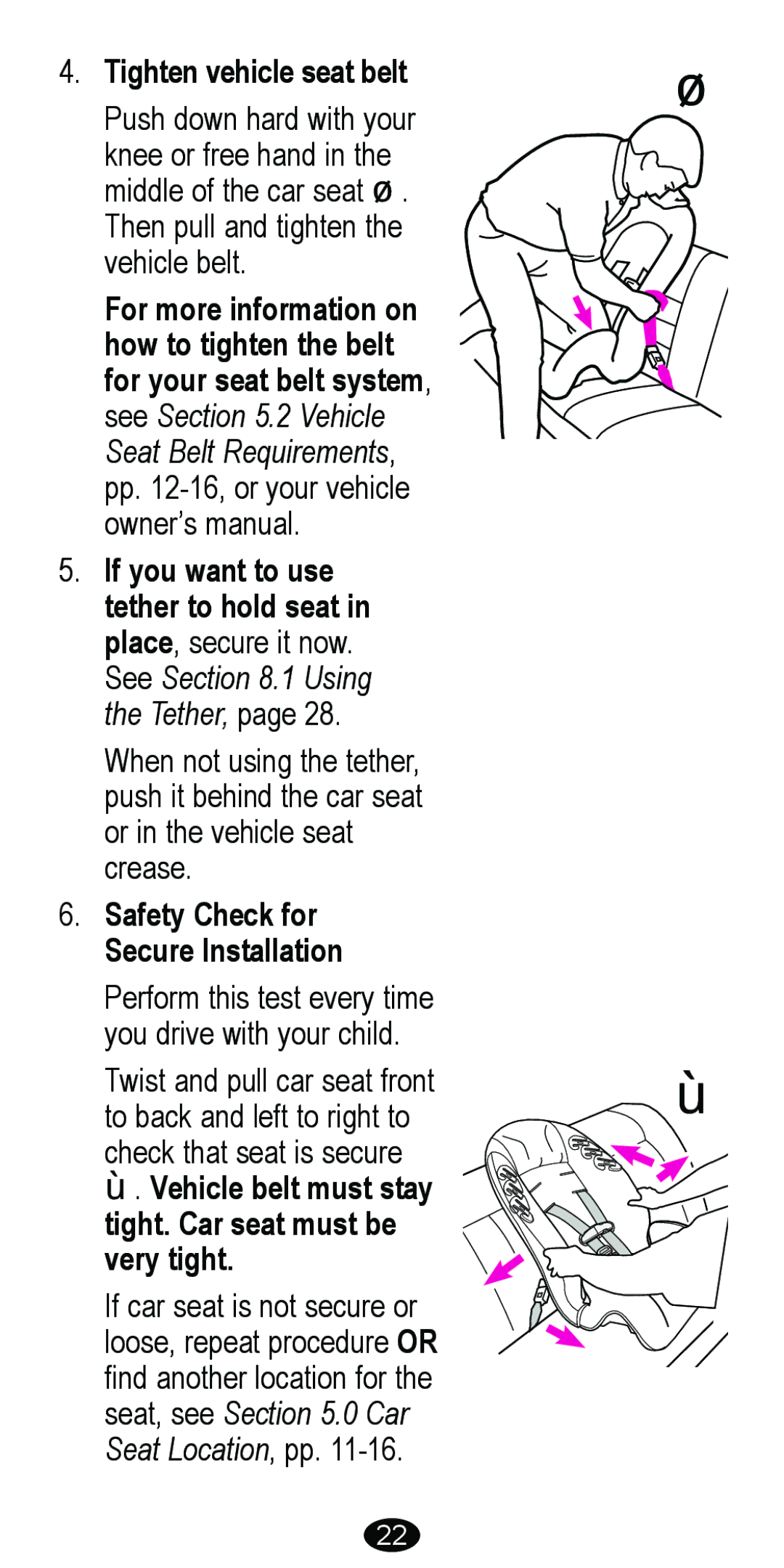 Graco 8485 owner manual Tighten vehicle seat belt, Safety Check for Secure Installation 