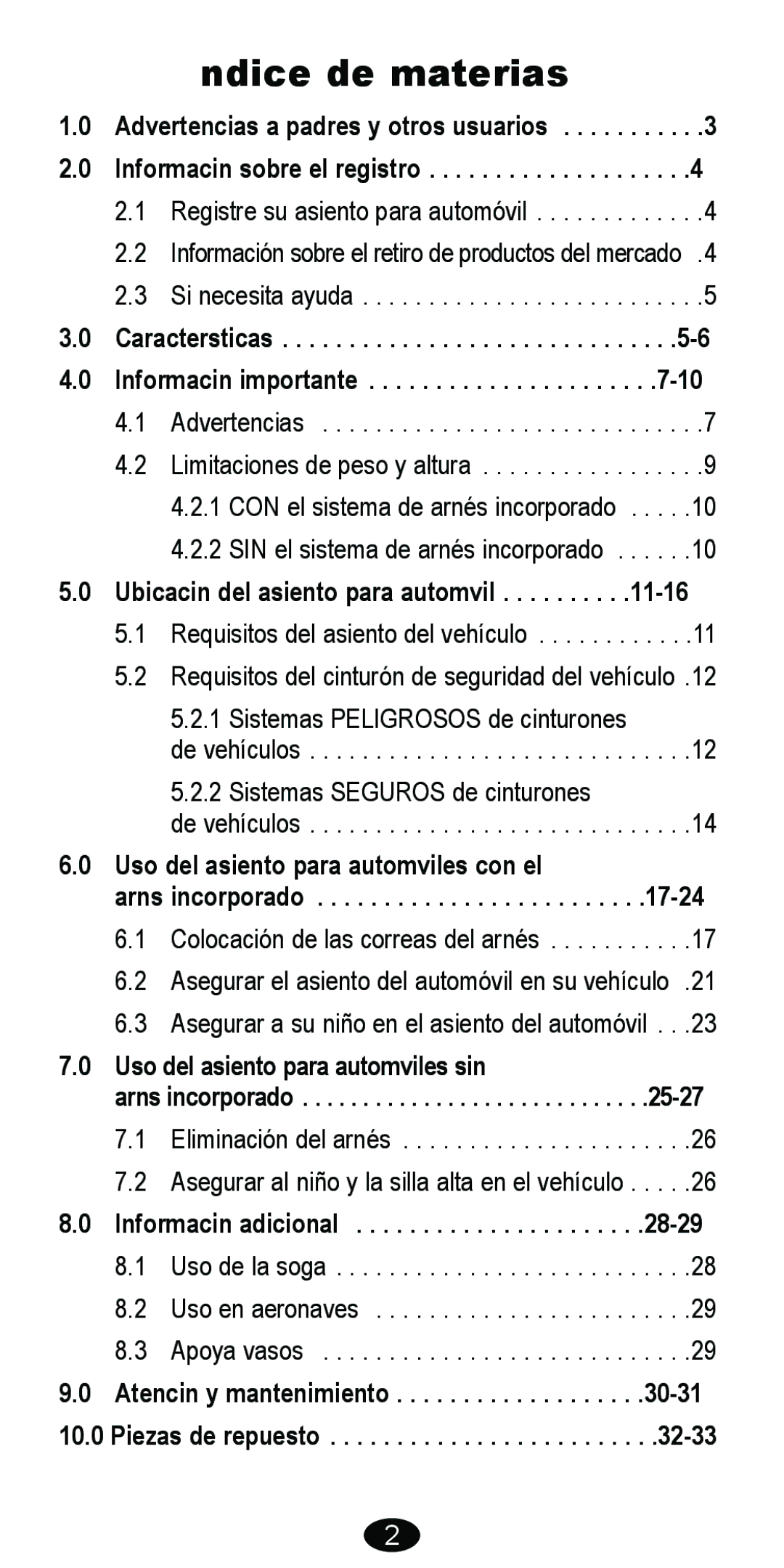 Graco 8485 owner manual Índice de materias, Ubicación del asiento para automóvil 