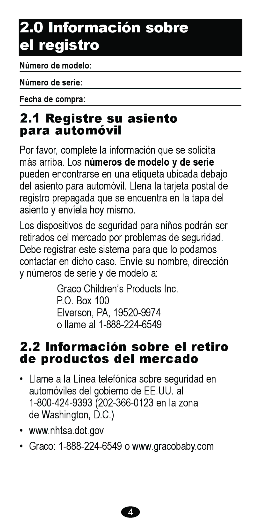 Graco 8485 owner manual Información sobre el registro, Registre su asiento para automóvil 