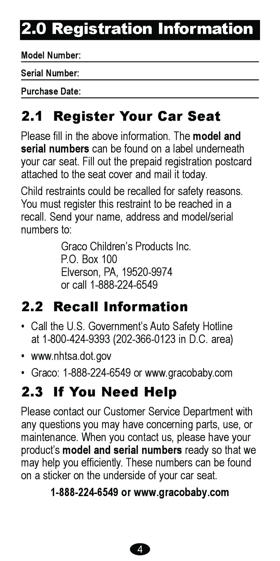 Graco 8485 owner manual Registration Information, Register Your Car Seat, Recall Information, If You Need Help 