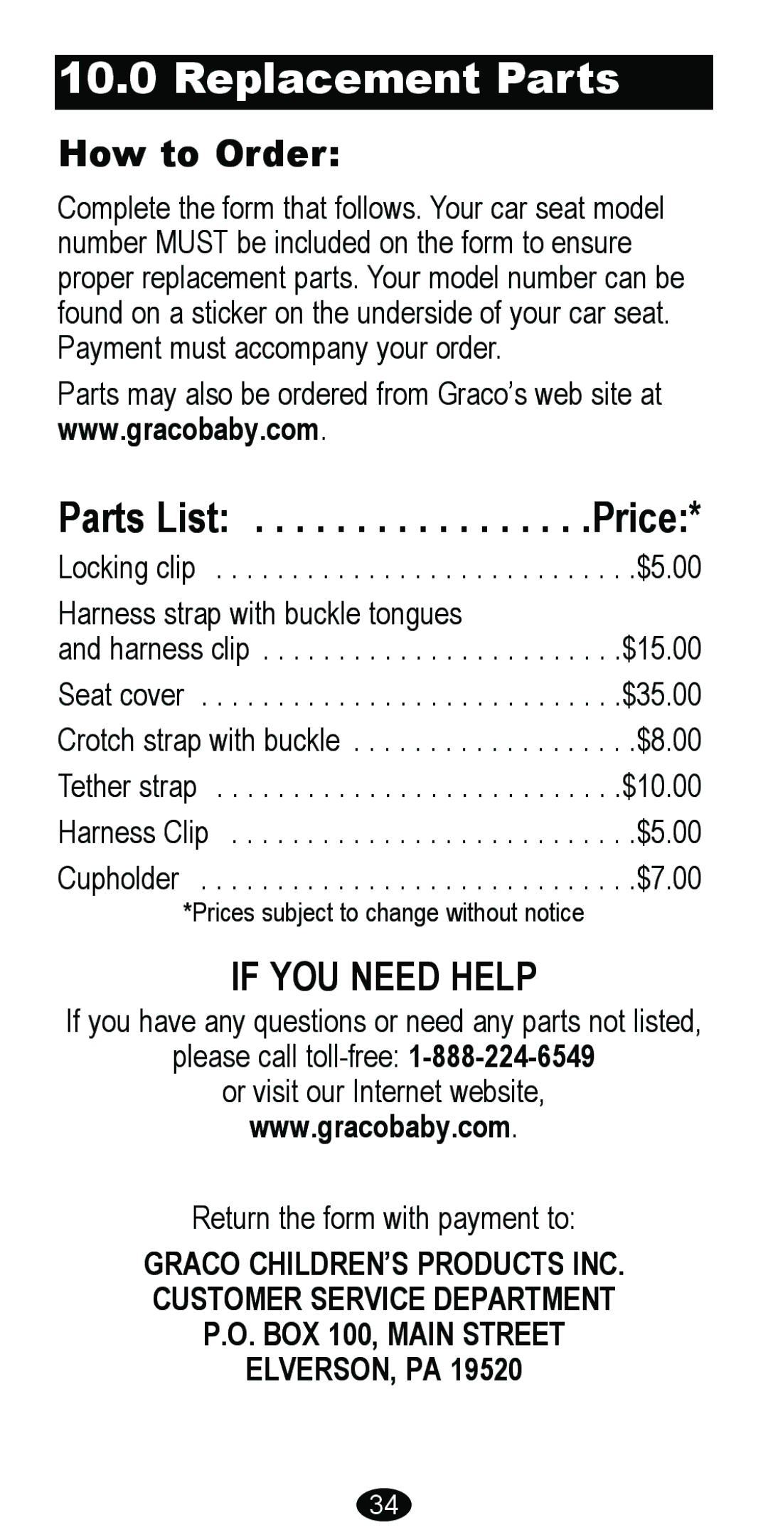 Graco 8488 owner manual Replacement Parts, How to Order 