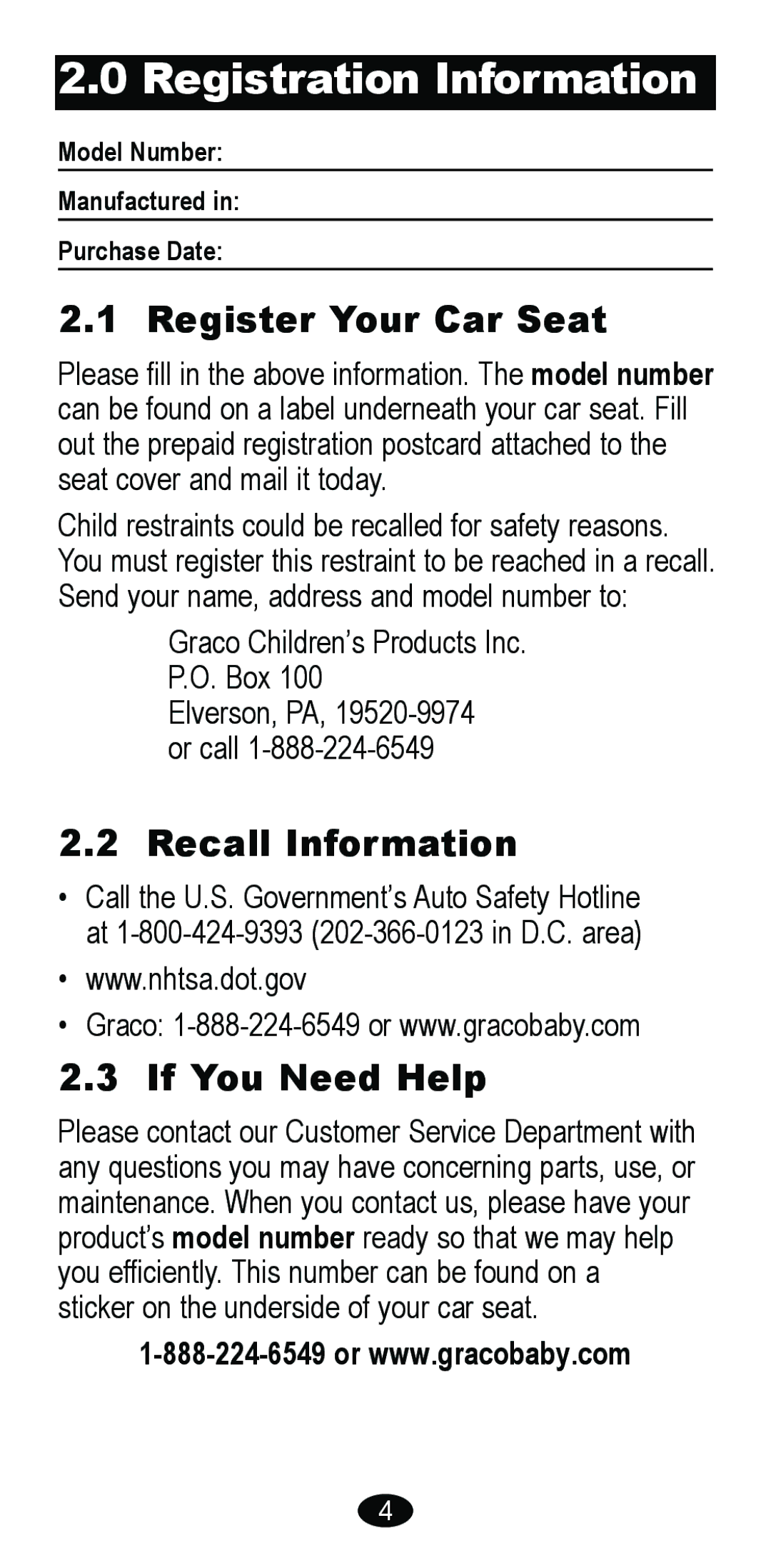 Graco 8488 owner manual Registration Information, Register Your Car Seat, Recall Information, If You Need Help 