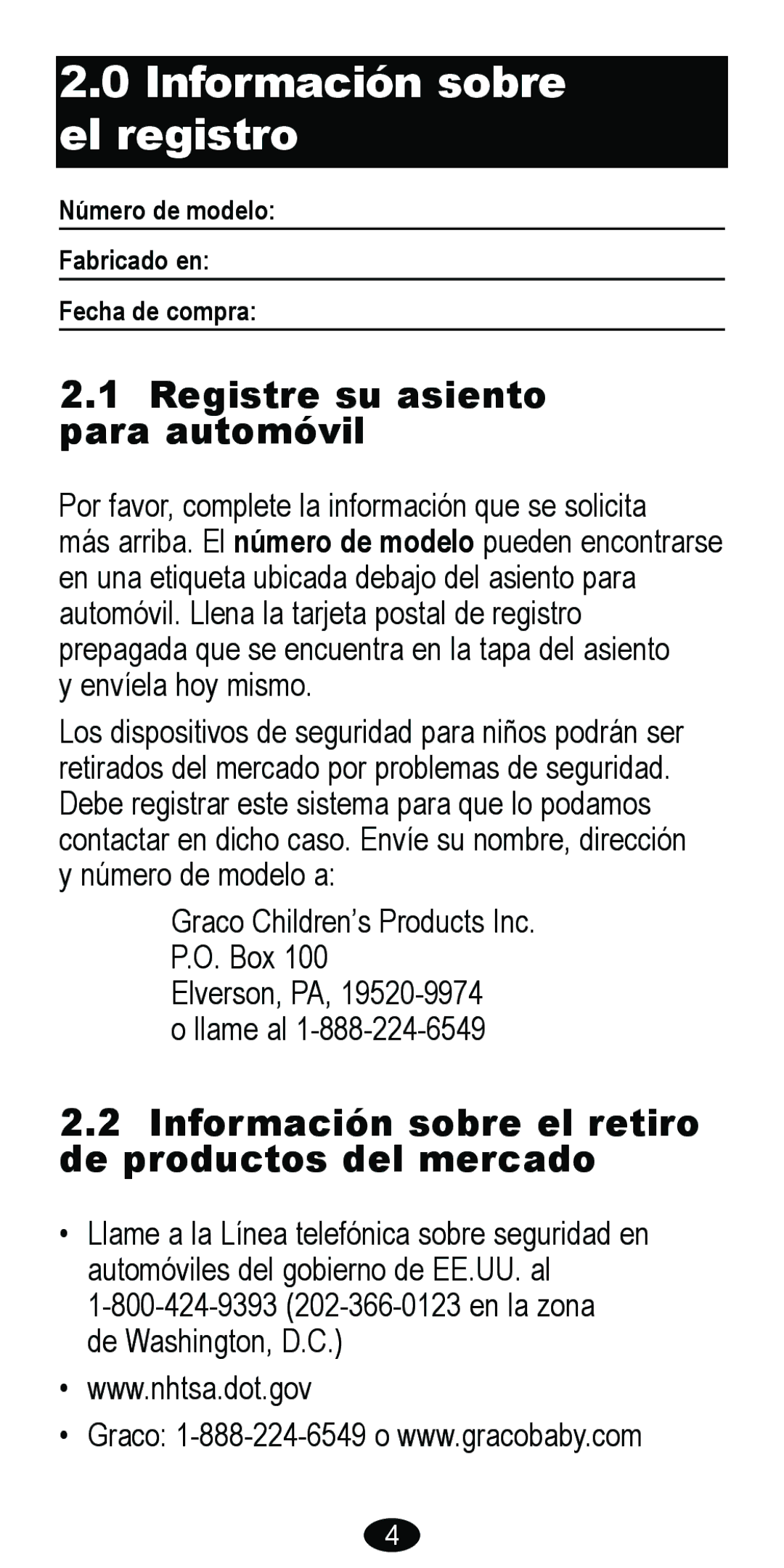 Graco 8488 owner manual Información sobre el registro, Registre su asiento para automóvil 