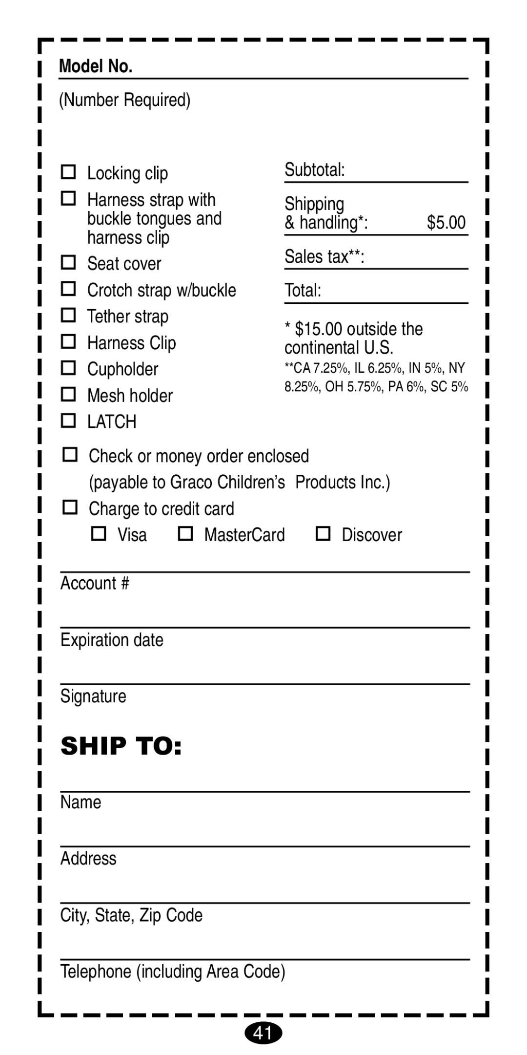 Graco 8487, 8489 manual Ship to 