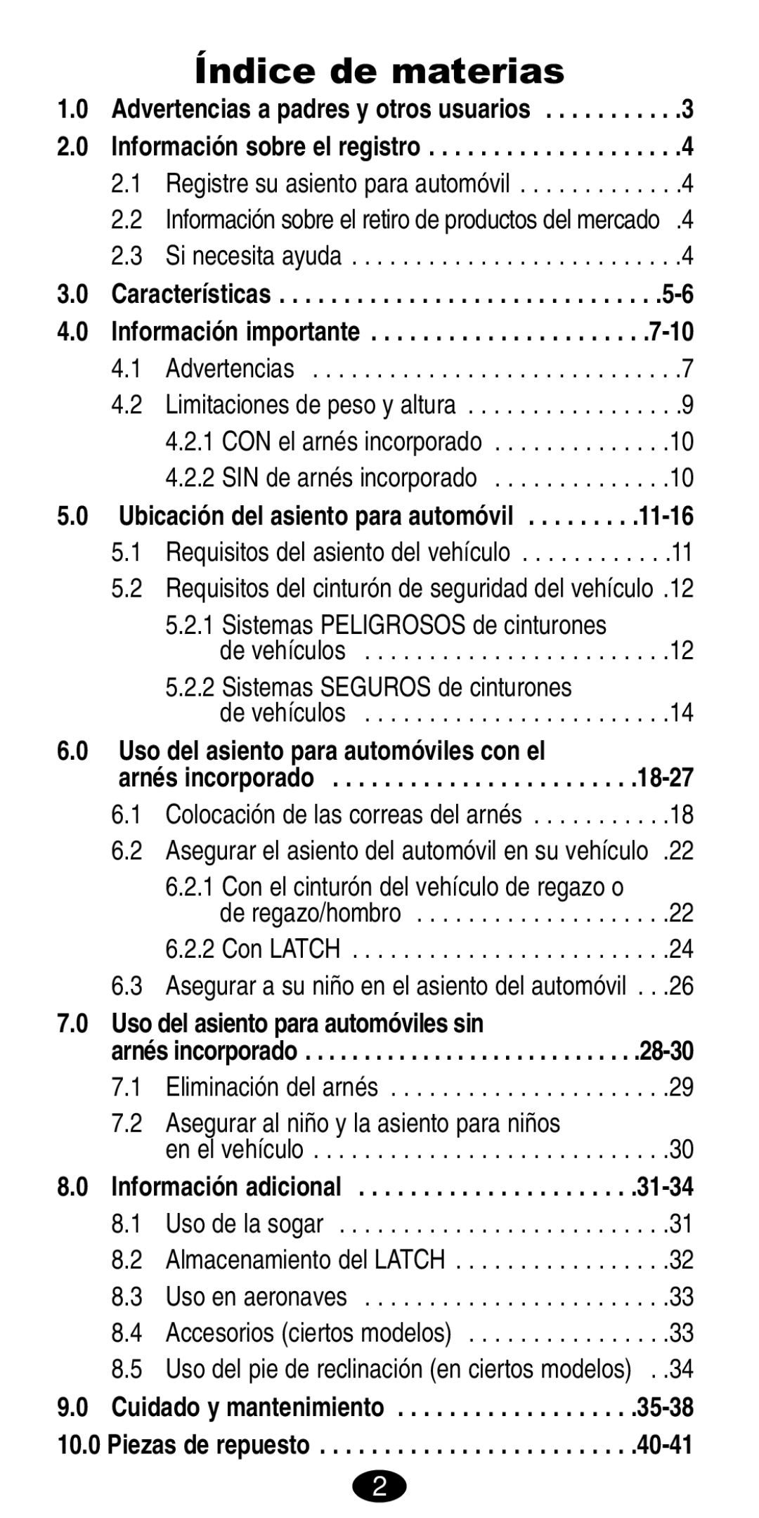 Graco 8487, 8489 manual Índice de materias, Ubicación del asiento para automóvil 