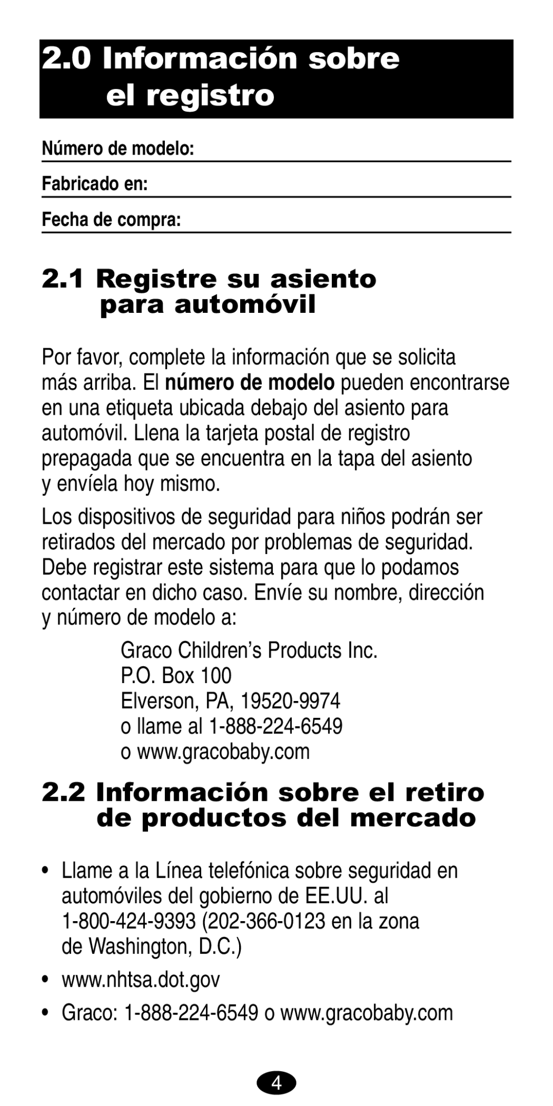 Graco 8487, 8489 manual Información sobre el registro, Registre su asiento para automóvil, Envíela hoy mismo 