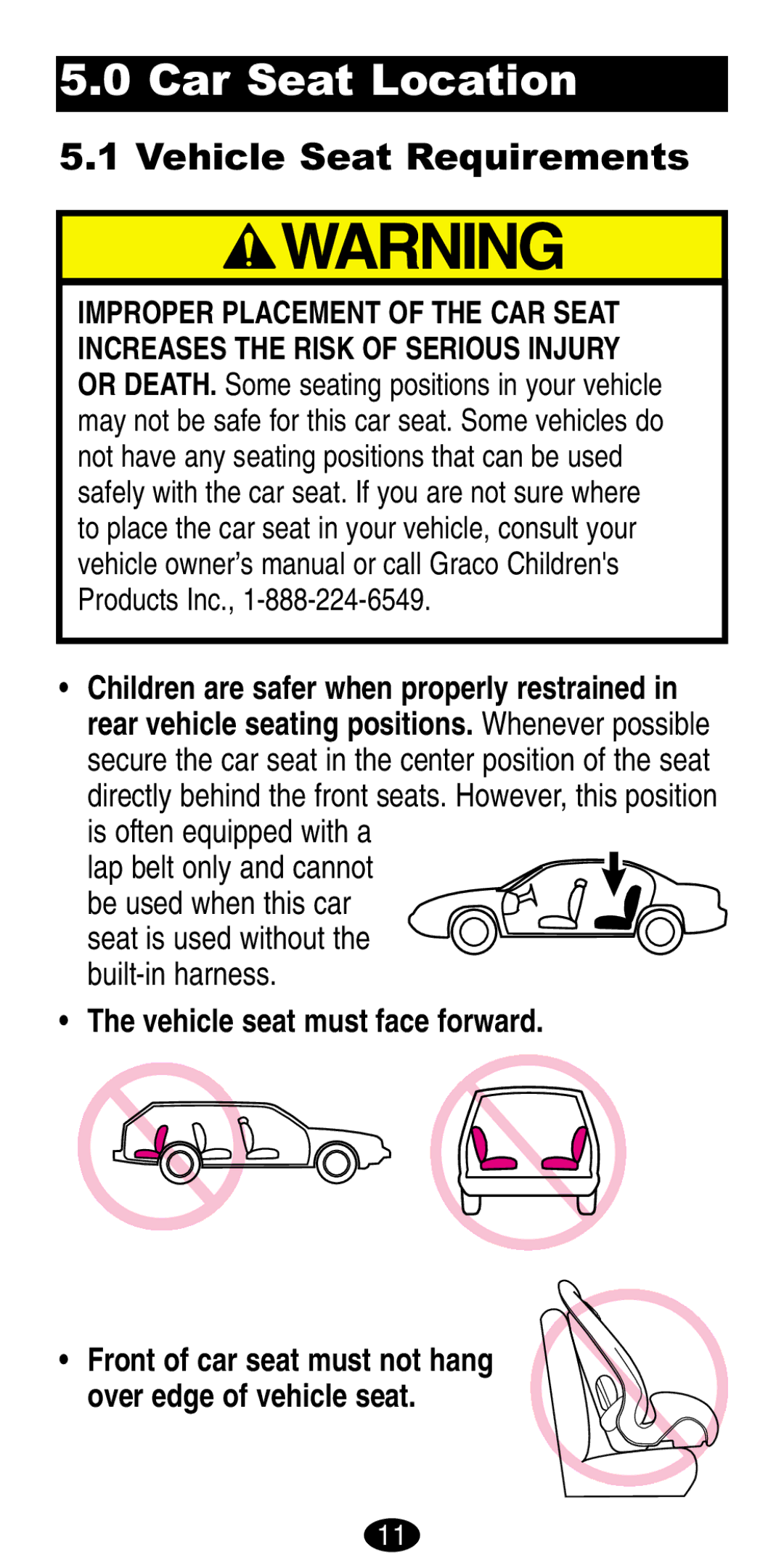 Graco 8486, 8490 manual Car Seat Location, Vehicle Seat Requirements 