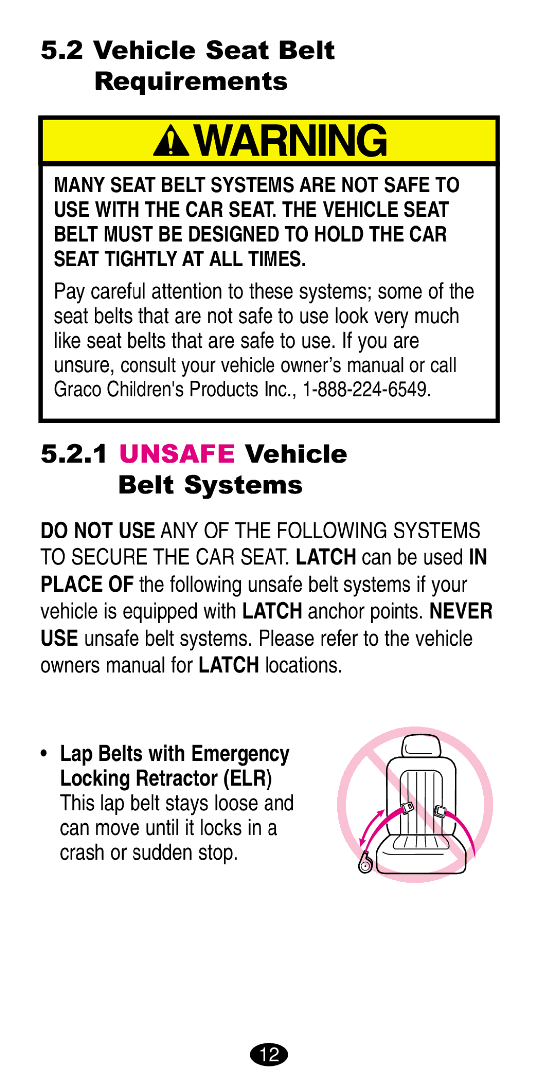 Graco 8490, 8486 manual Vehicle Seat Belt Requirements, Unsafe Vehicle Belt Systems, Lap Belts with Emergency 