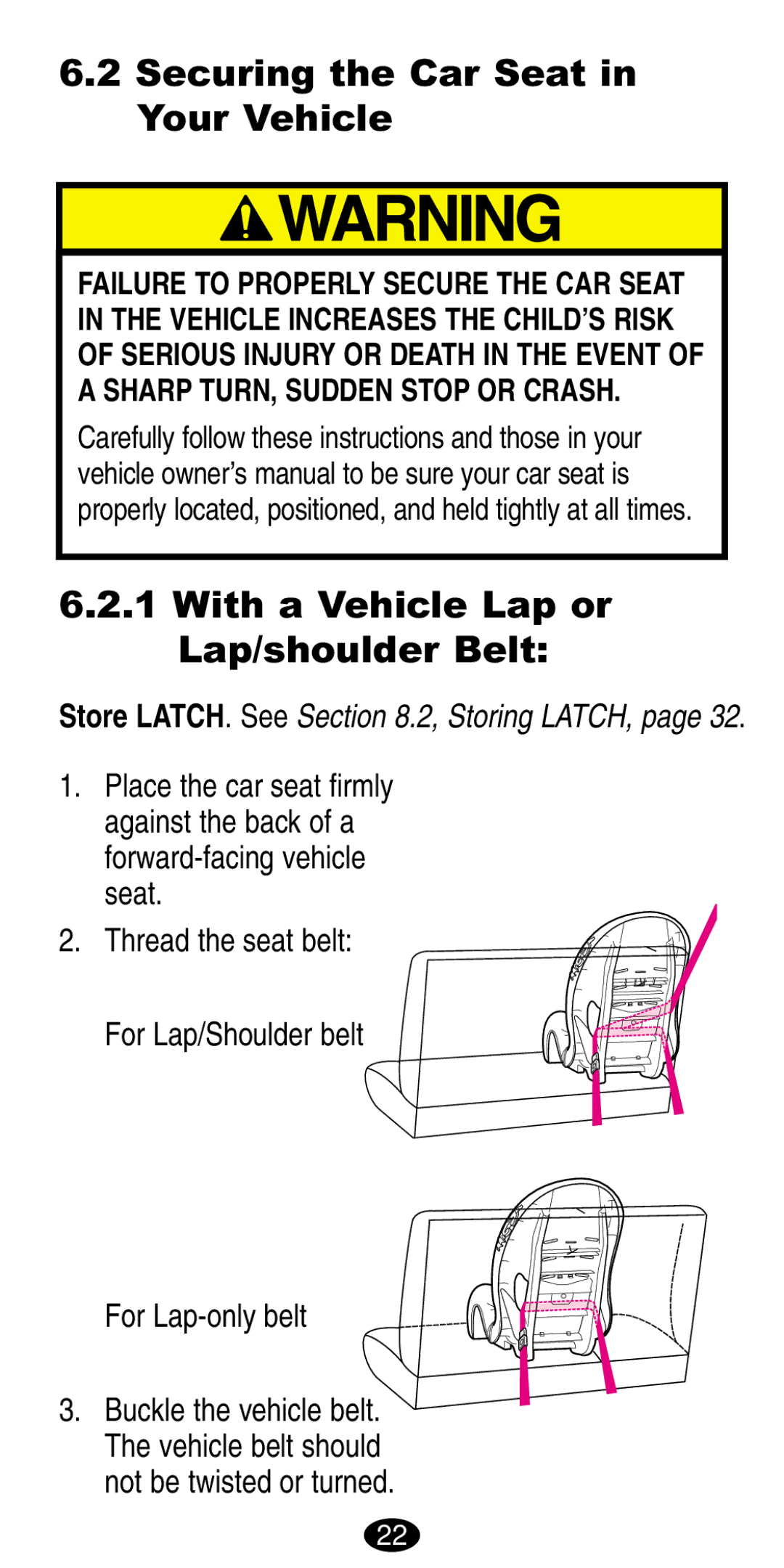 Graco 8490, 8486 manual Securing the Car Seat in Your Vehicle, With a Vehicle Lap or Lap/shoulder Belt 