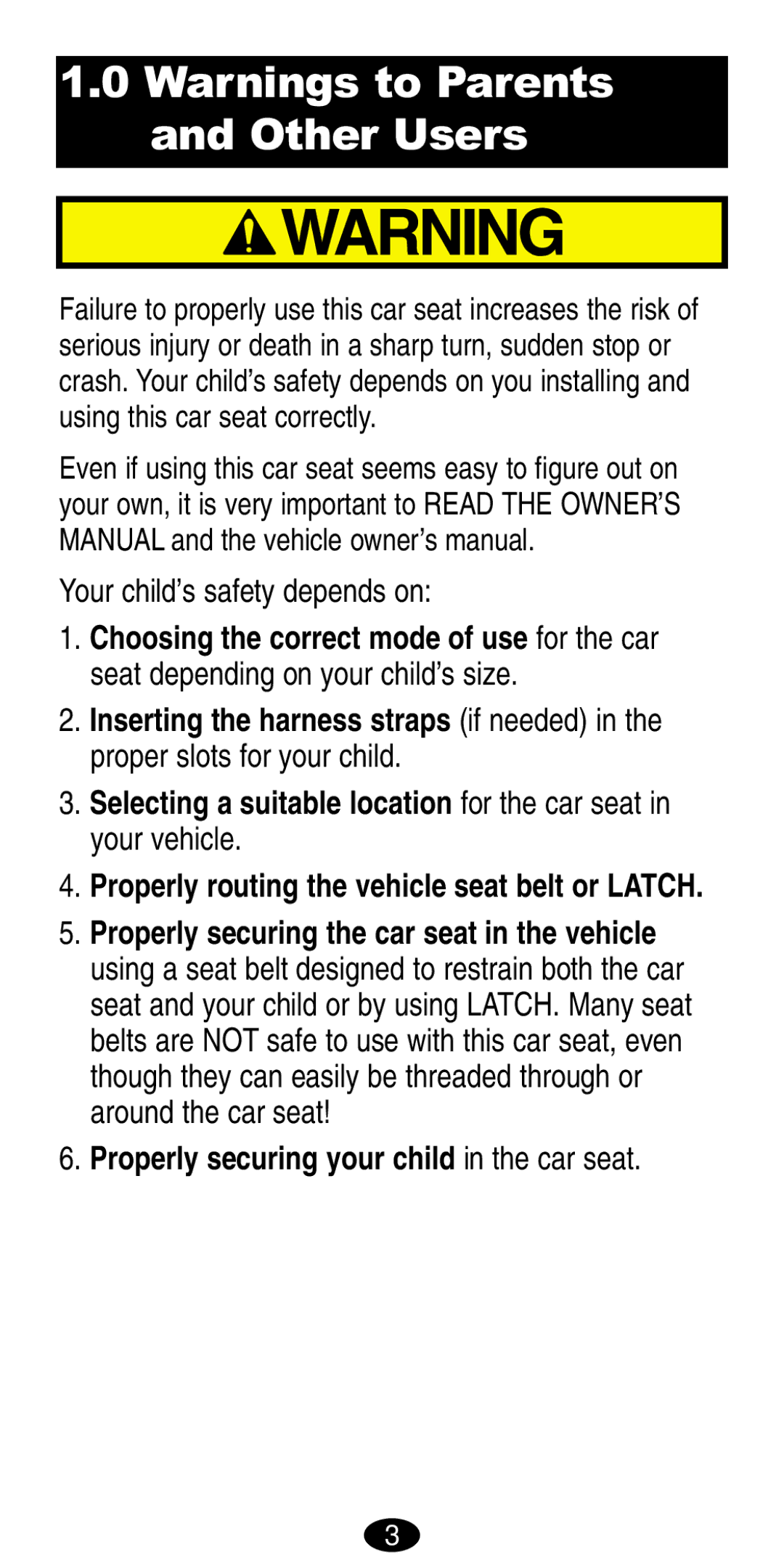 Graco 8486, 8490 manual Your child’s safety depends on, Properly securing your child in the car seat 