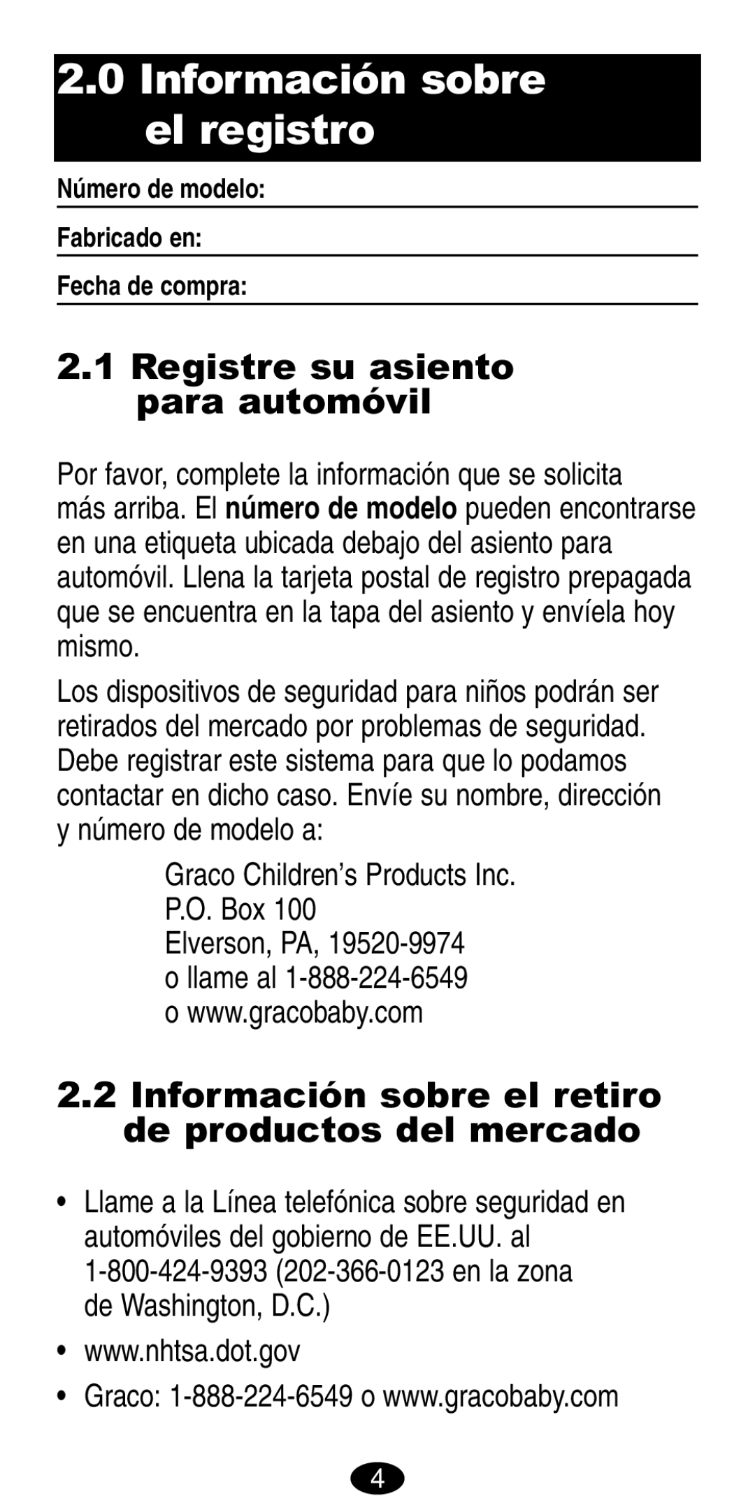 Graco 8486, 8490 manual Información sobre el registro, Registre su asiento para automóvil 