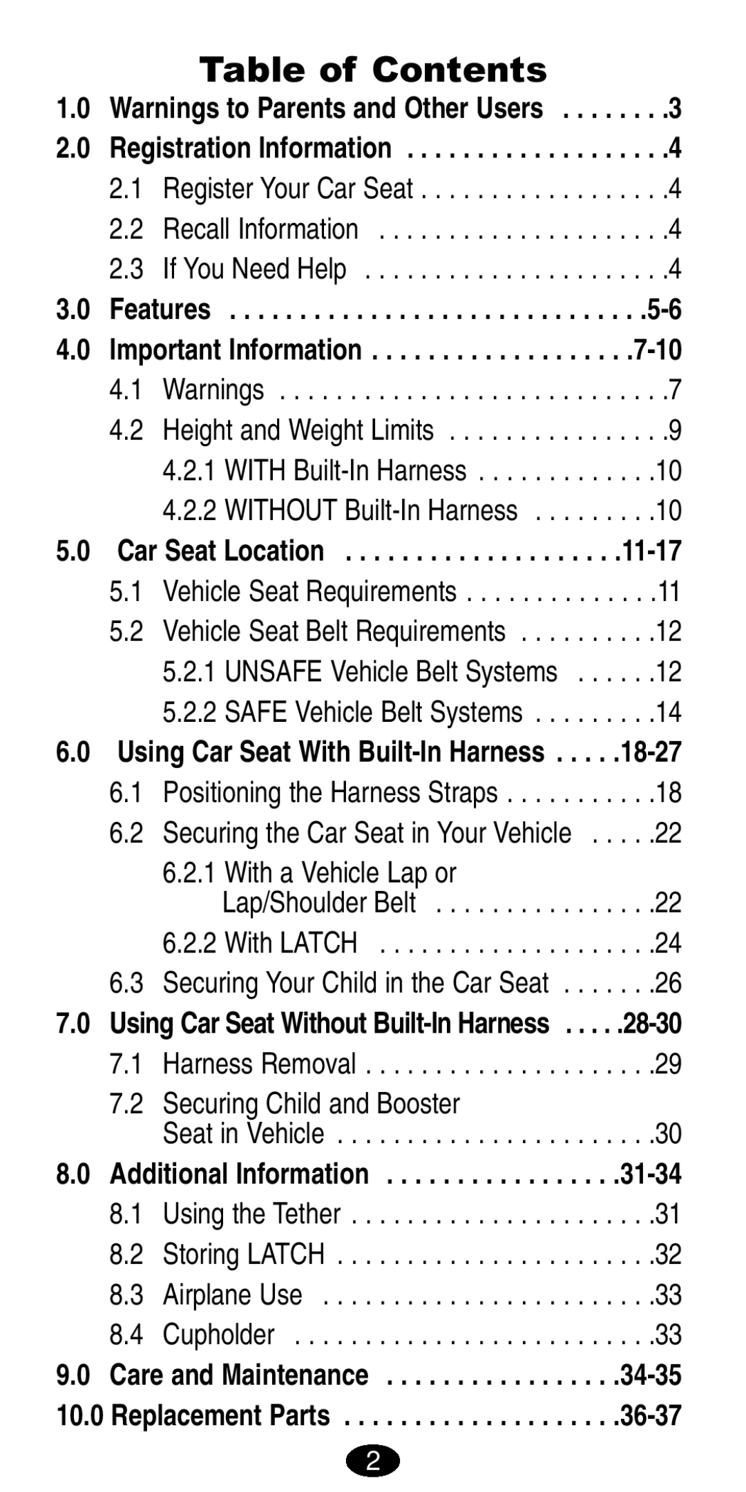 Graco 8490 Table of Contents, With a Vehicle Lap or, Securing Child and Booster, Car Seat Location, Additional Information 