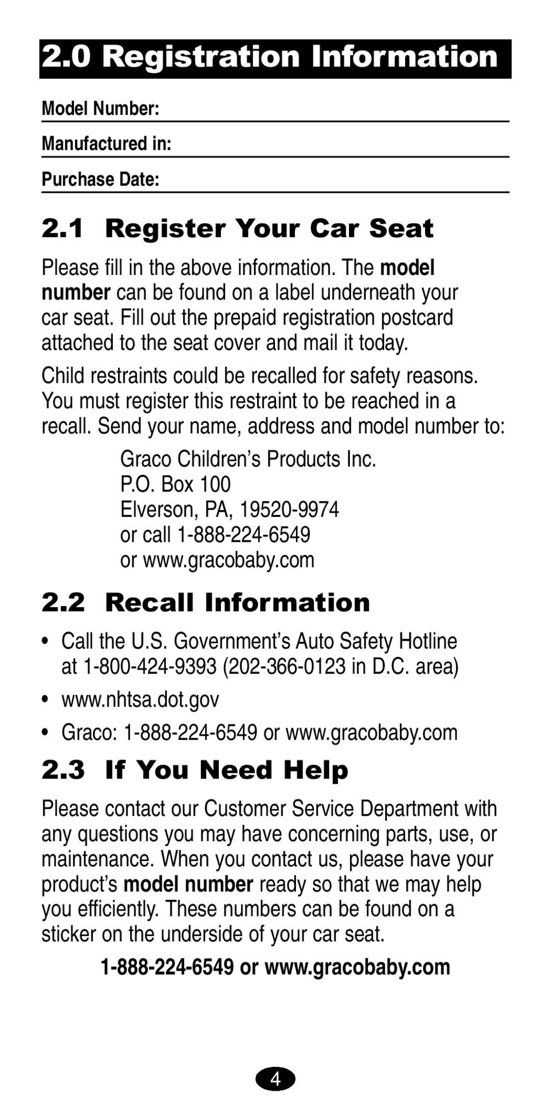 Graco 8490, 8486 manual Registration Information, Register Your Car Seat, Recall Information, If You Need Help 