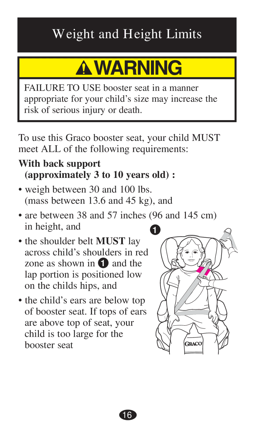 Graco 8497, 8493, 8491, 8496, 8495, 8498 Weight and Height Limits, With back support approximately 3 to 10 years old 