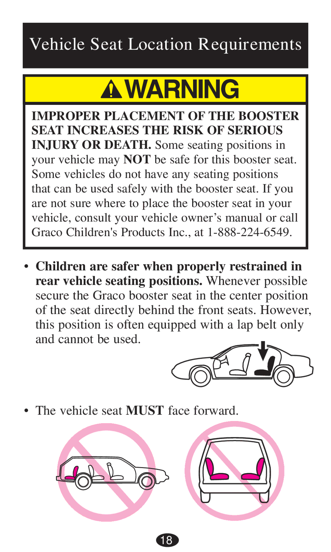 Graco 8493, 8491, 8496, 8495, 8497, 8498 owner manual Vehicle Seat Location Requirements 