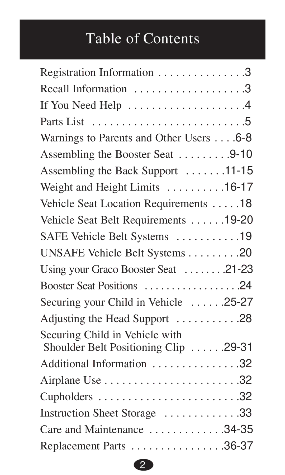 Graco 8496, 8493, 8491, 8495, 8497, 8498 owner manual Table of Contents 