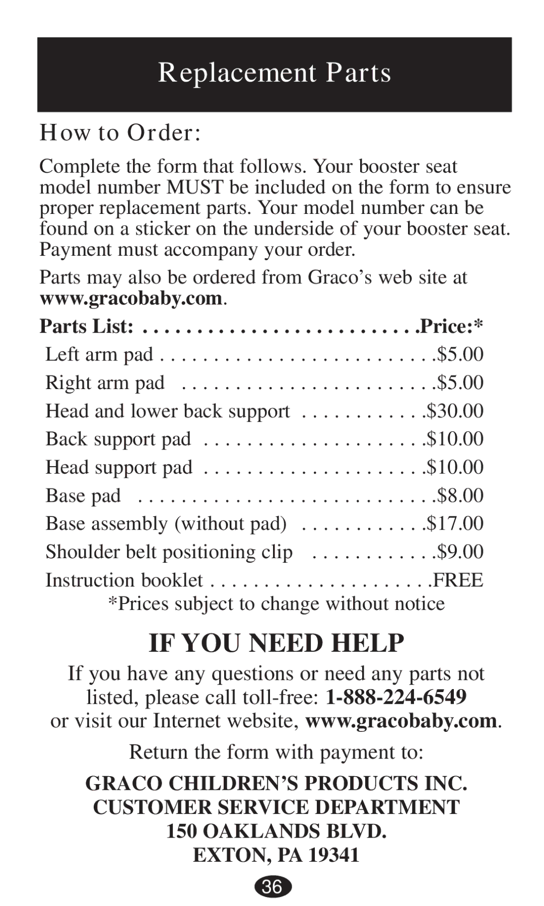 Graco 8493, 8491, 8496, 8495, 8497, 8498 owner manual Replacement Parts, How to Order 