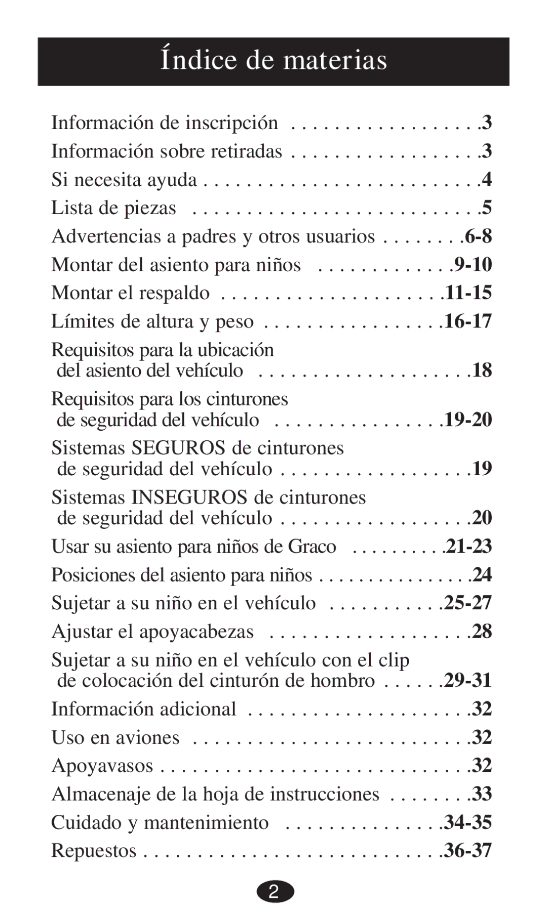 Graco 8497, 8493, 8491, 8496, 8495, 8498 owner manual Índice de materias, 25-27 