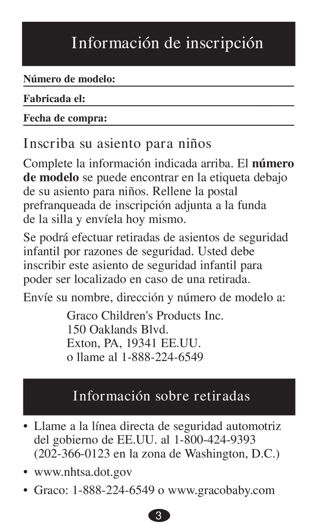 Graco 8498, 8493, 8491, 8496, 8495, 8497 owner manual Información de inscripción, Inscriba su asiento para niños 