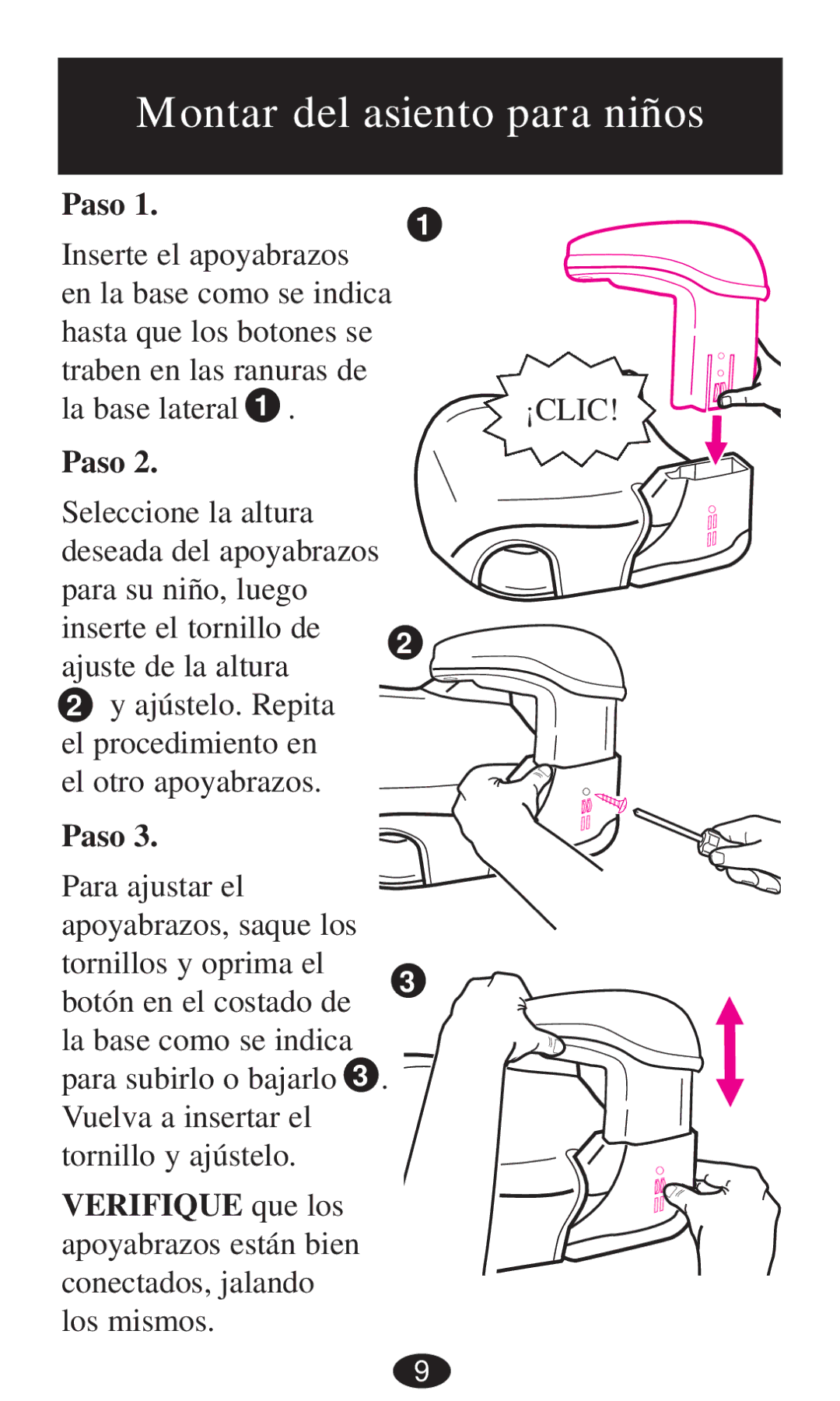 Graco 8498, 8493, 8491, 8496, 8495, 8497 owner manual Montar del asiento para niños, Paso 