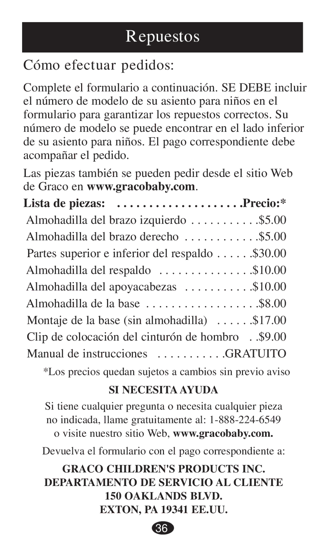 Graco 8496, 8493, 8491, 8495, 8497, 8498 owner manual Repuestos, Cómo efectuar pedidos 