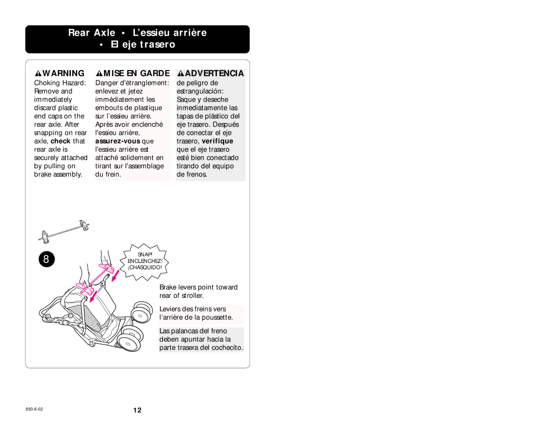 Graco 850-6-02 manual Rear Axle L’essieu arrière El eje trasero, Mise EN Garde 